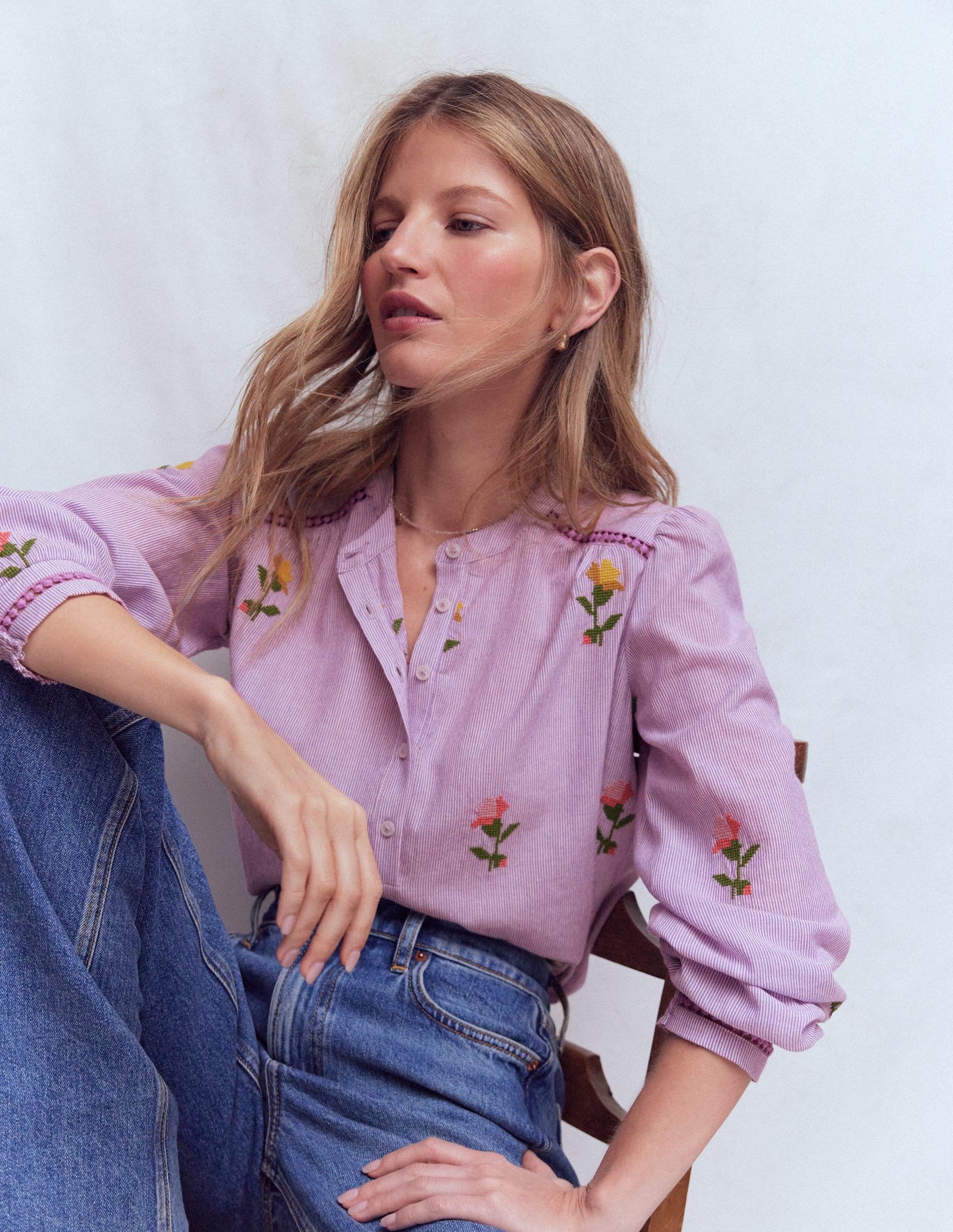 Embroidered Trim Interest Top-Purple Stripe Embroidery - Image 2
