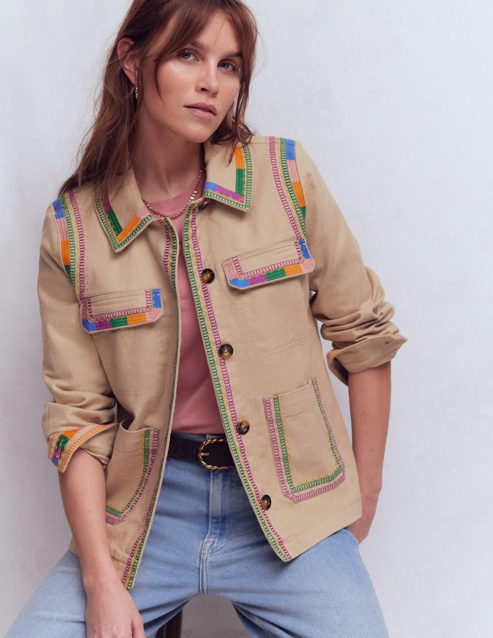 Embroidered Utility Jacket-Camel
