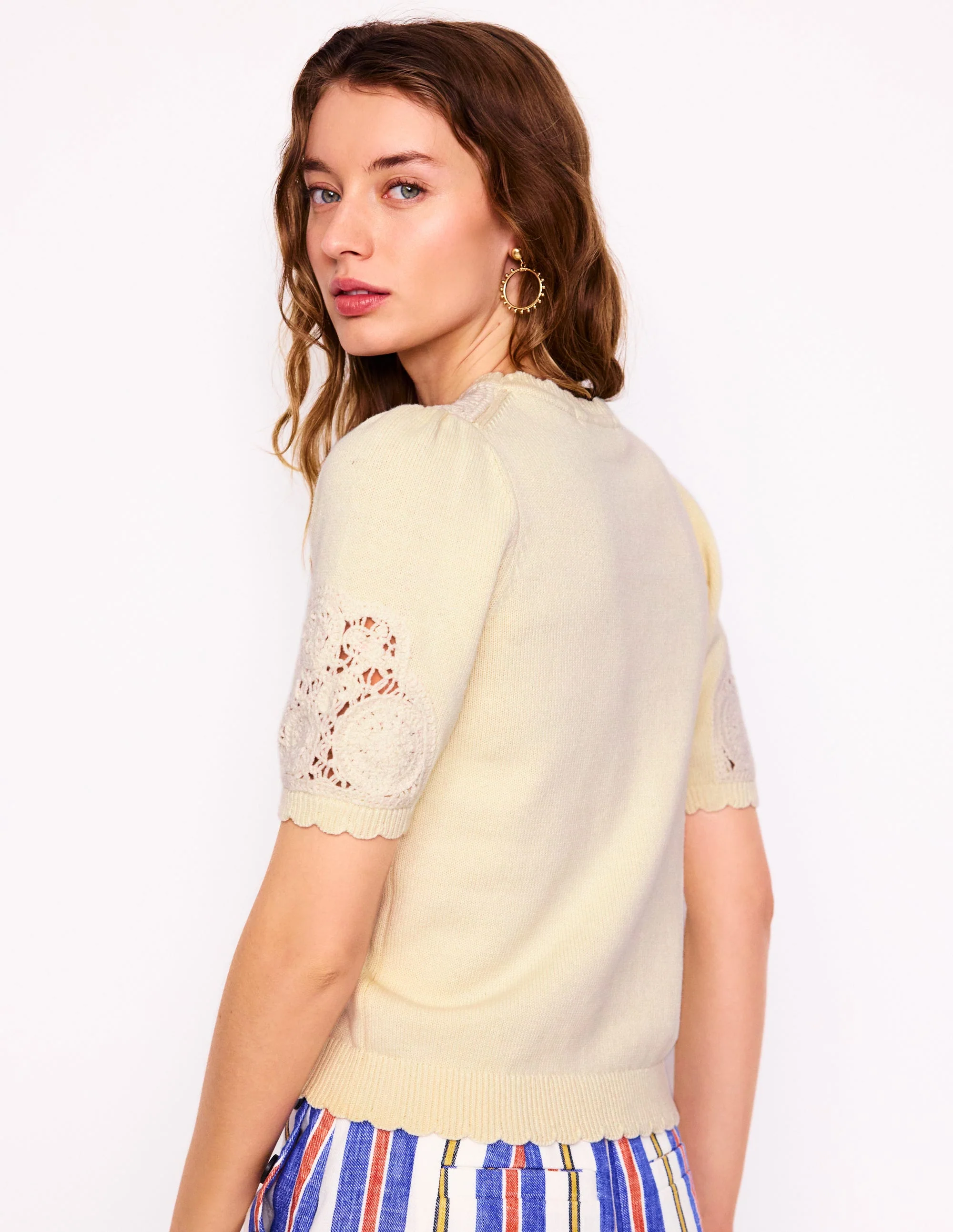 Embroidered Yoke Knitted Tee-Warm Ivory - Image 4