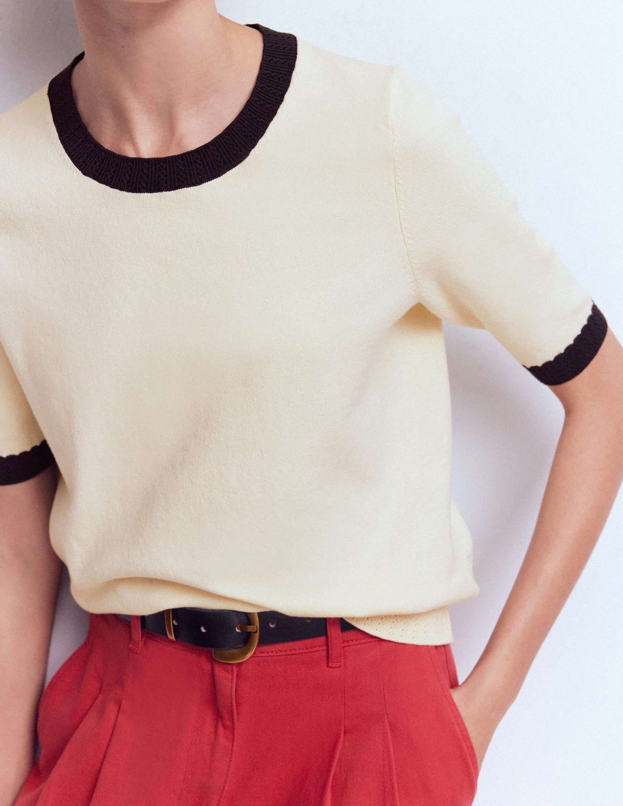 Emilia Cotton Crew T-shirt-Warm Ivory, Navy - Image 2