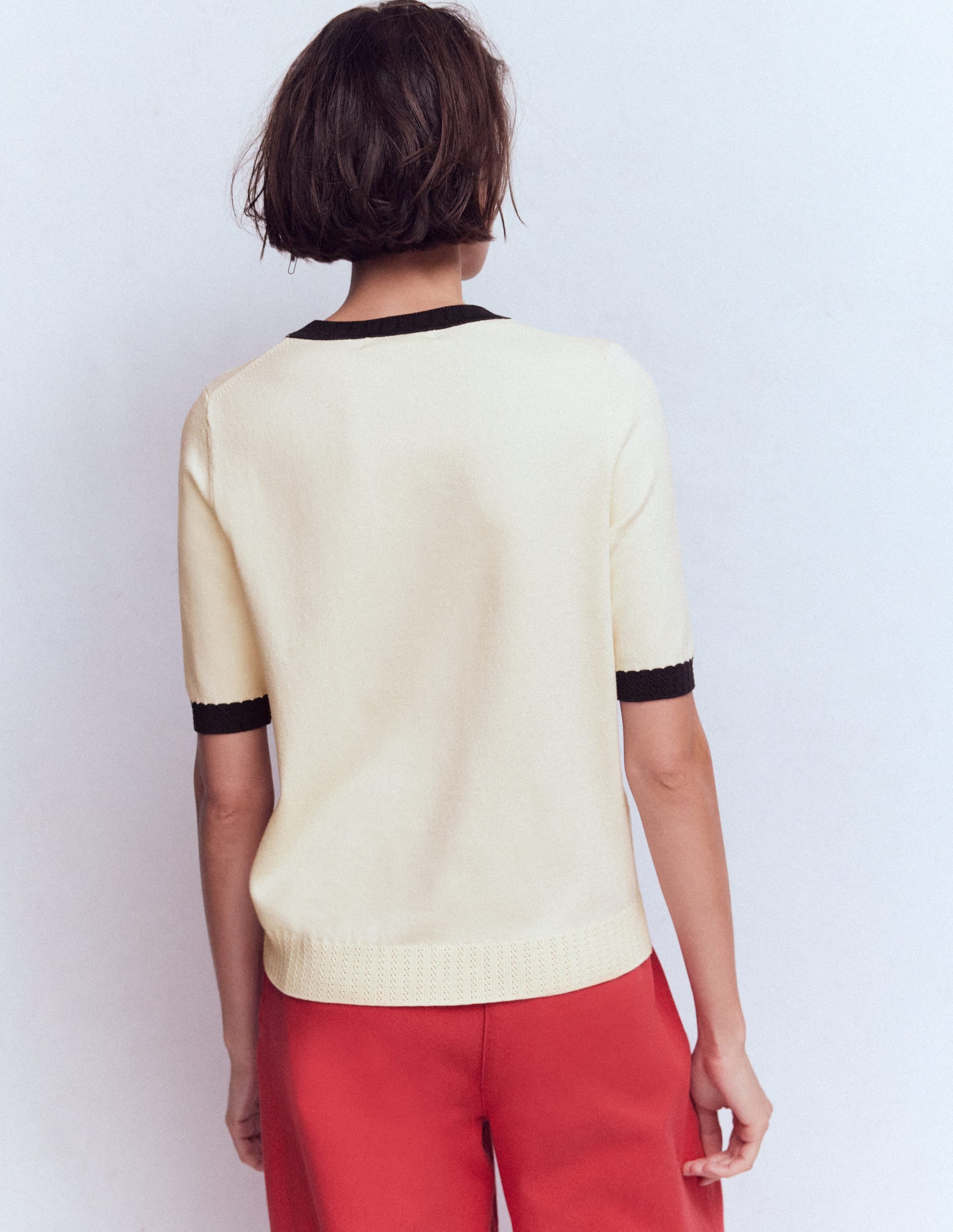 Emilia Cotton Crew T-shirt-Warm Ivory, Navy - Image 3
