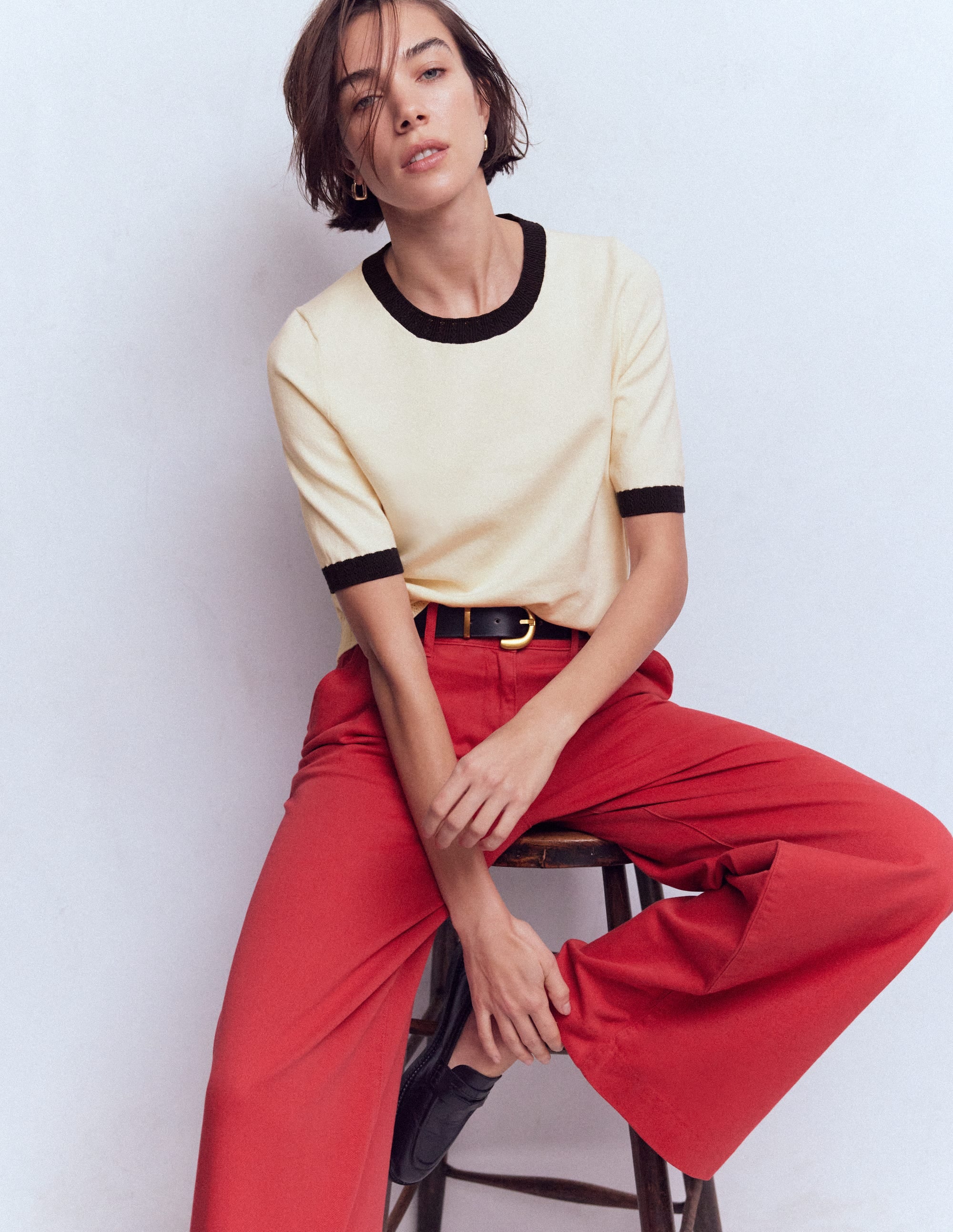 Emilia Cotton Crew T-shirt-Warm Ivory, Navy - Image 4