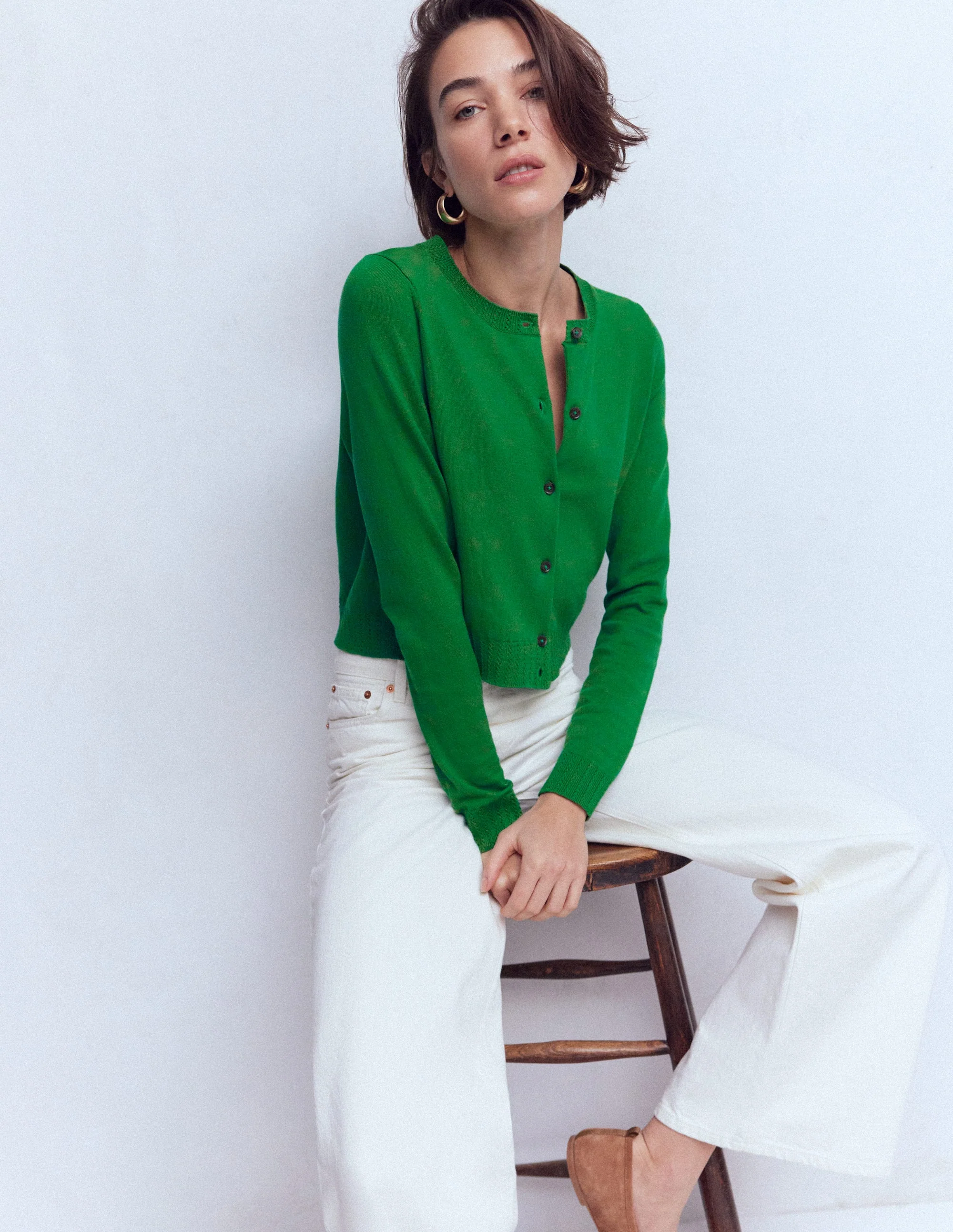 Emilia Cotton Cropped Cardigan-Rich Emerald