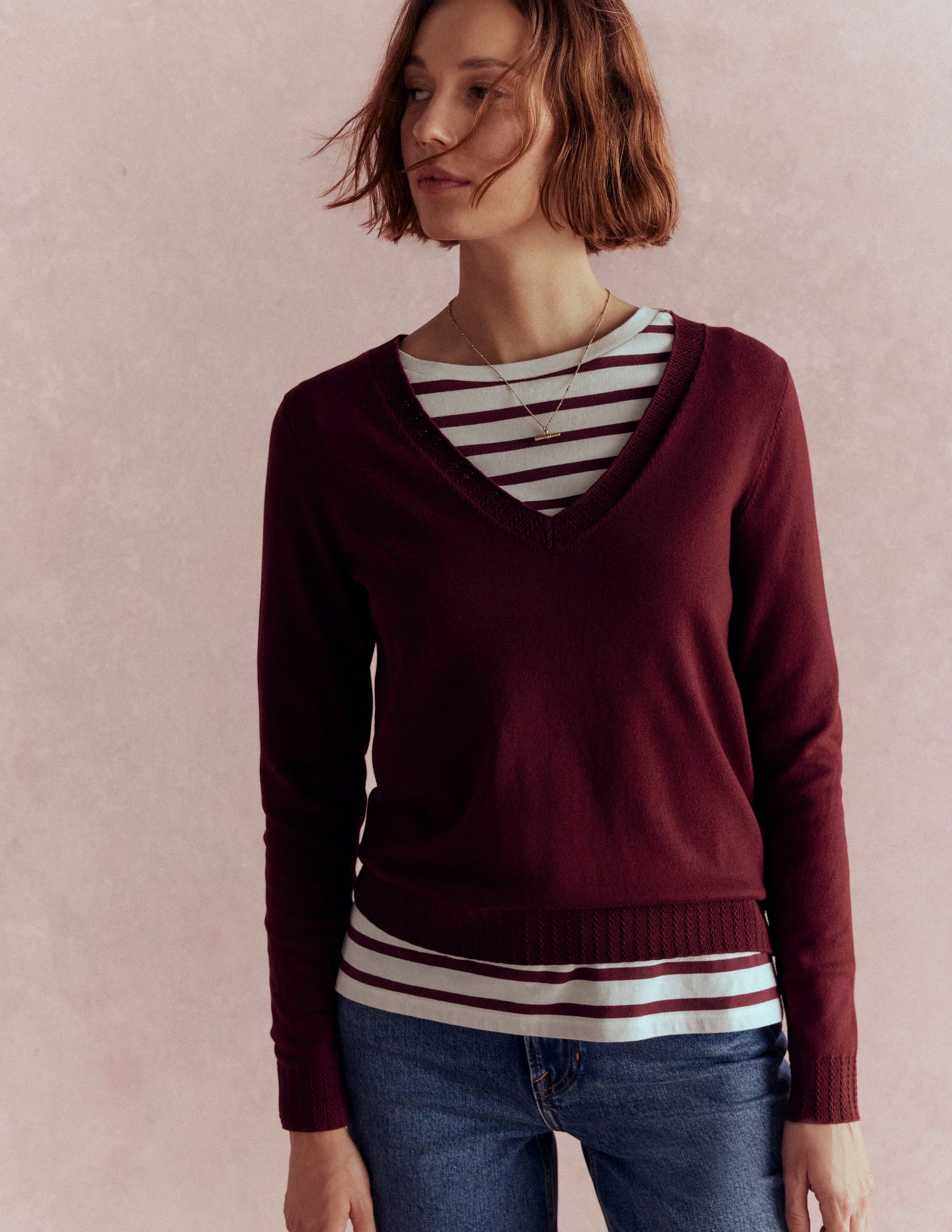 Emilia Cotton V-Neck Jumper-Deep Wisteria - Image 5