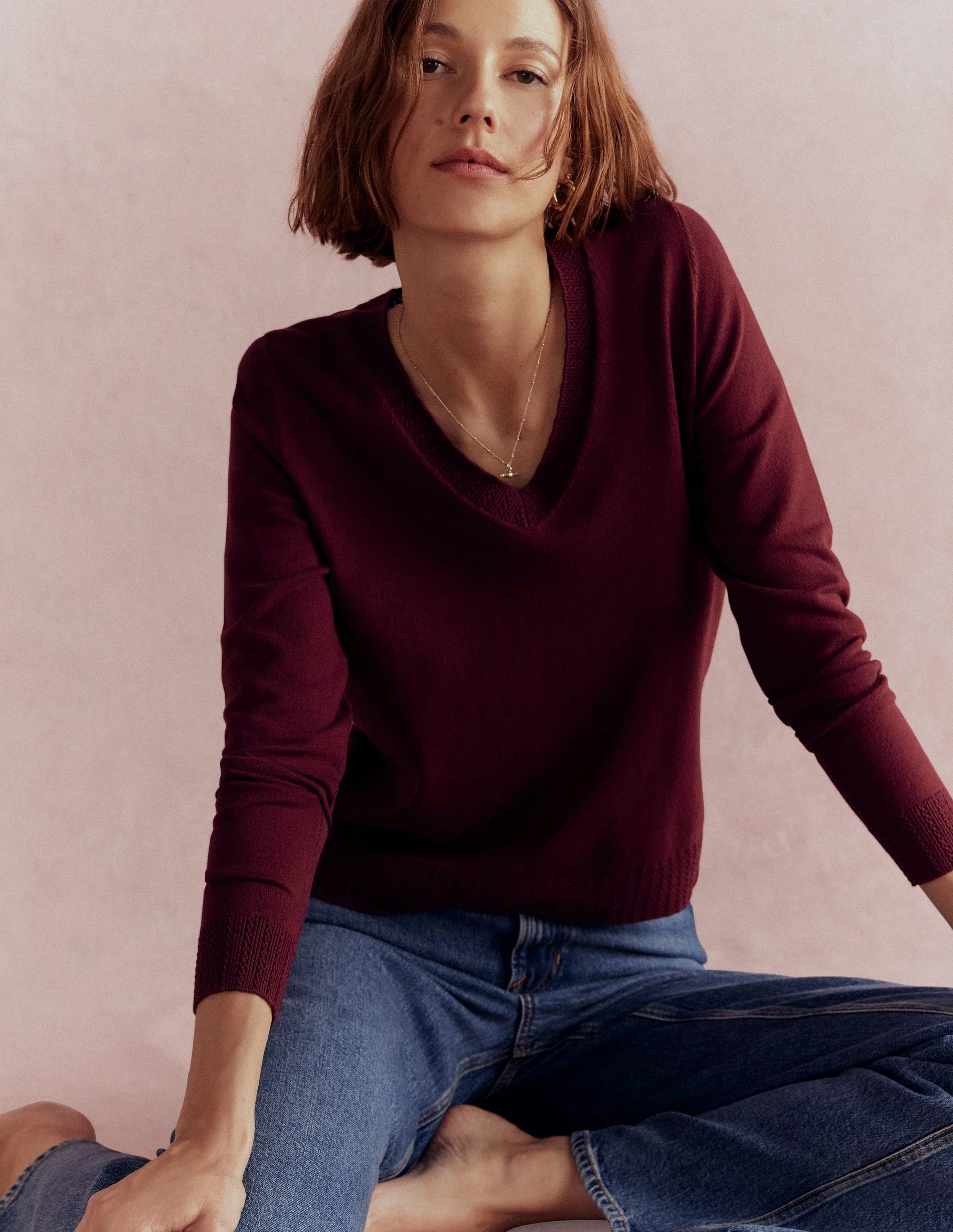 Emilia Cotton V-Neck Jumper-Deep Wisteria - Image 6