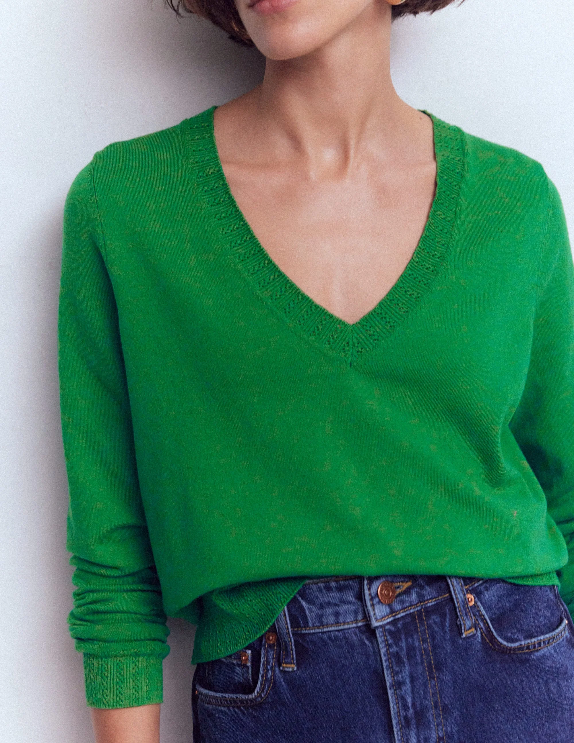 Emilia Cotton V-Neck Jumper-Rich Emerald - Image 2