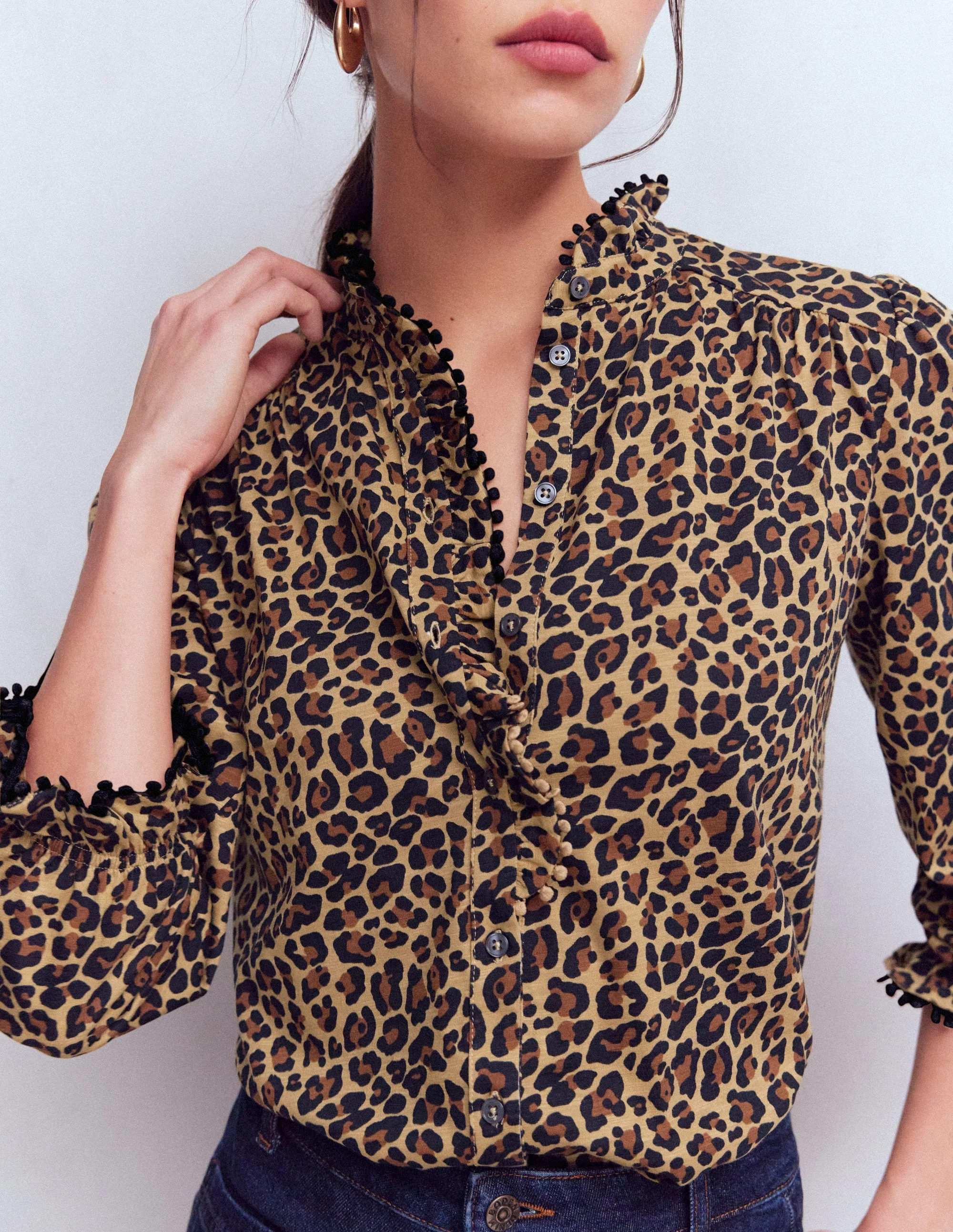Emily Pom Detail Ruffle Shirt-Camel, Cheetah Pop - Image 2