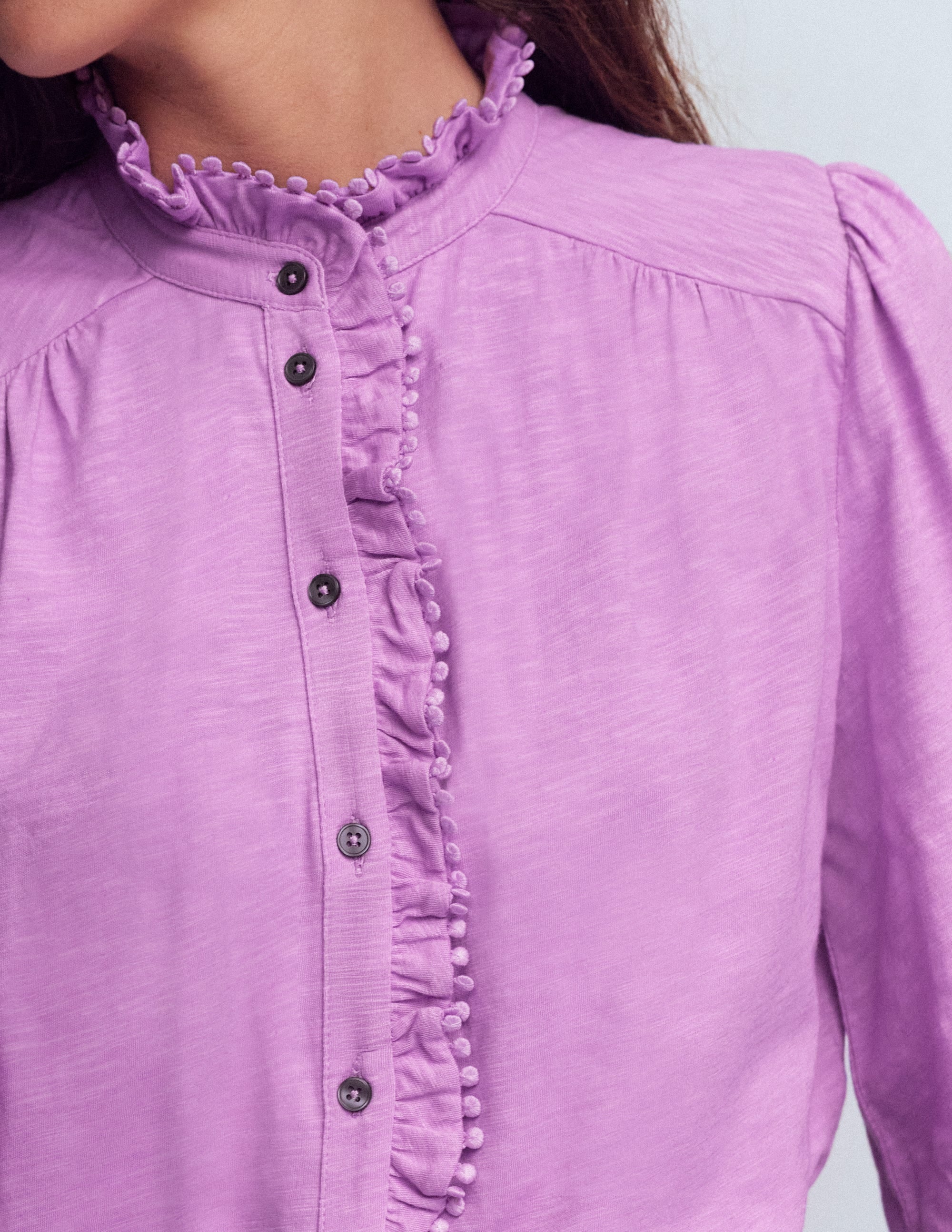 Emily Pom Detail Ruffle Shirt-Chalky Violet - Image 2