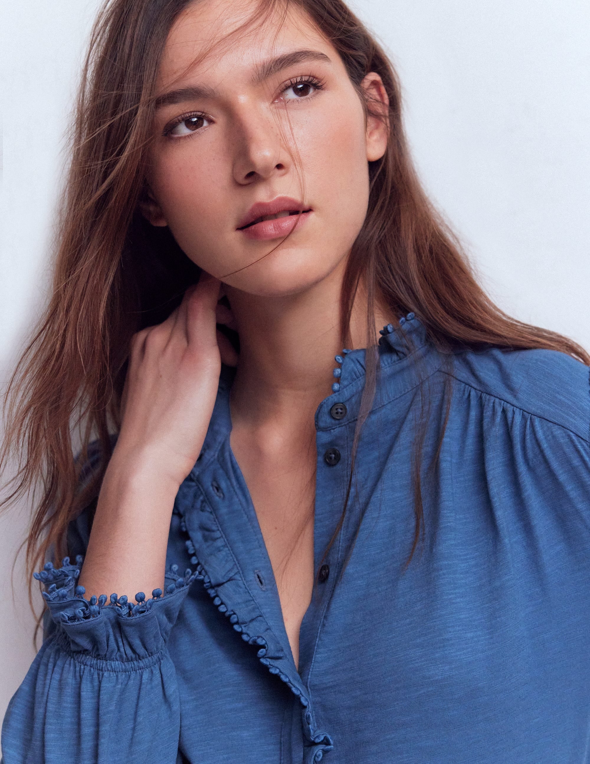 Emily Pom Detail Ruffle Shirt-Denim Blue - Image 2