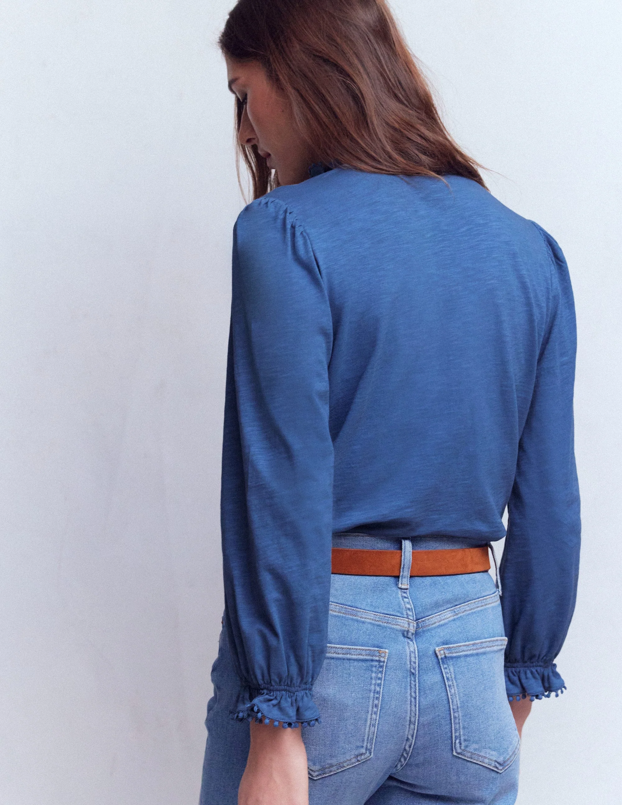 Emily Pom Detail Ruffle Shirt-Denim Blue - Image 3