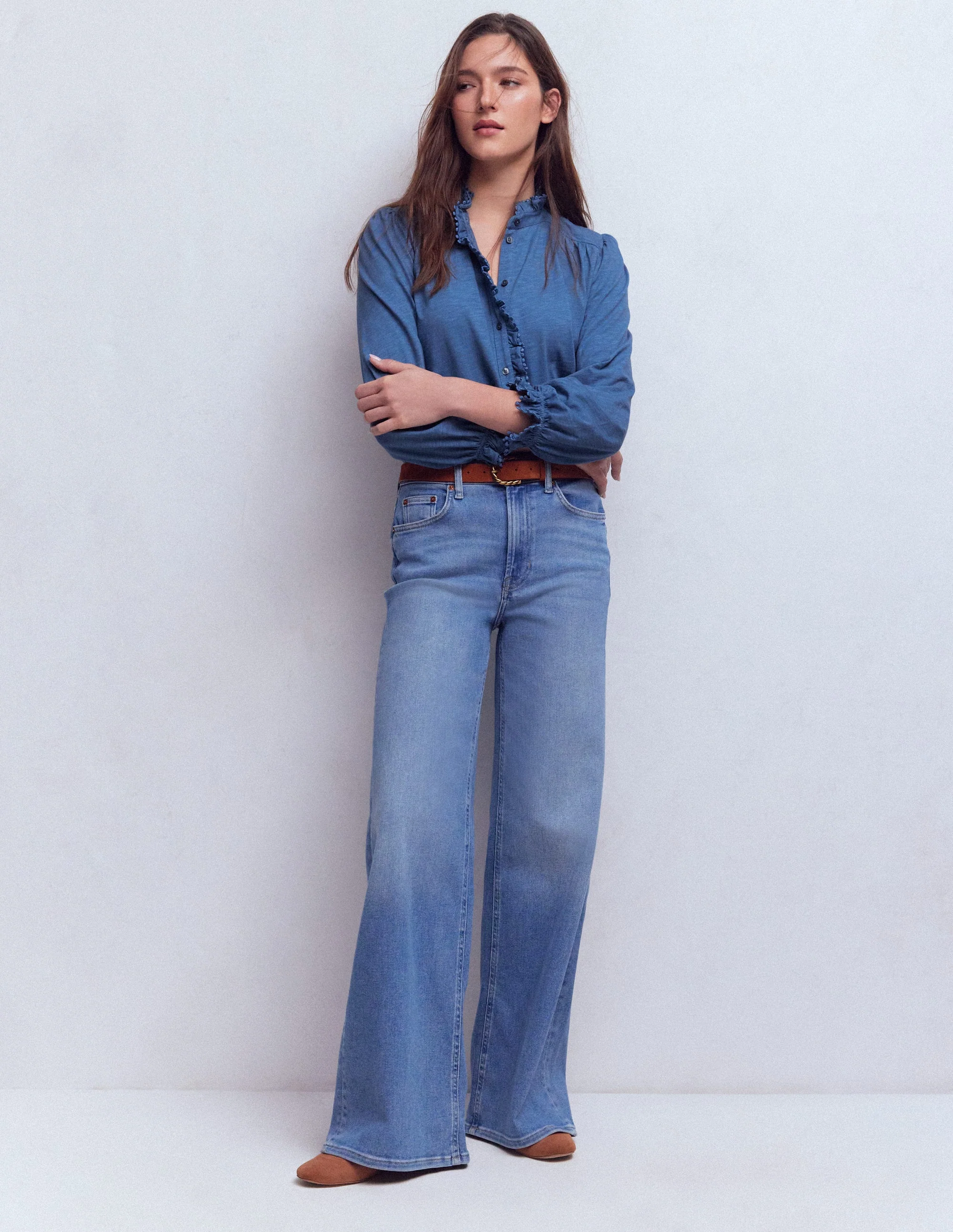 Emily Pom Detail Ruffle Shirt-Denim Blue - Image 4
