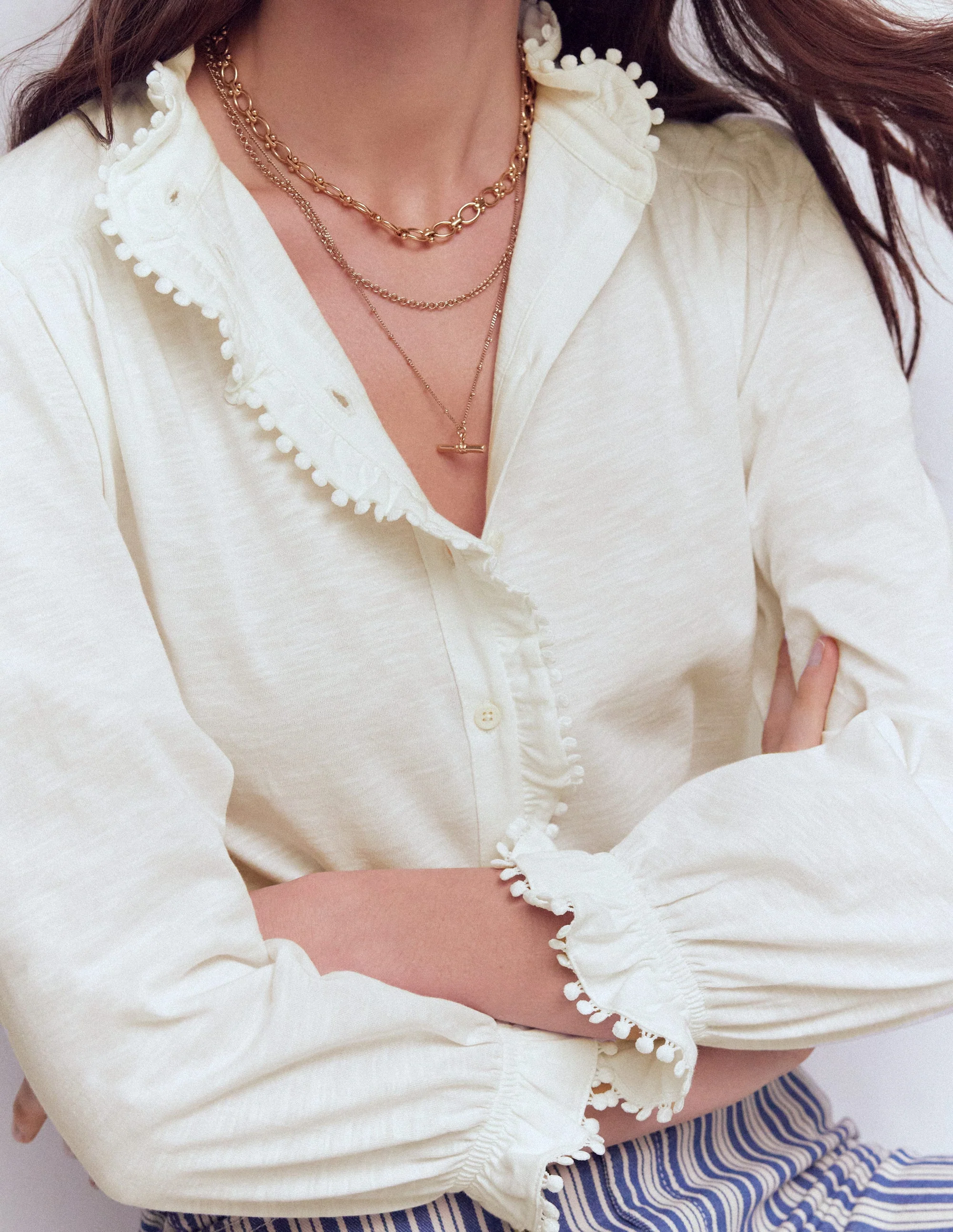 Emily Pom Detail Ruffle Shirt-Ivory - Image 2