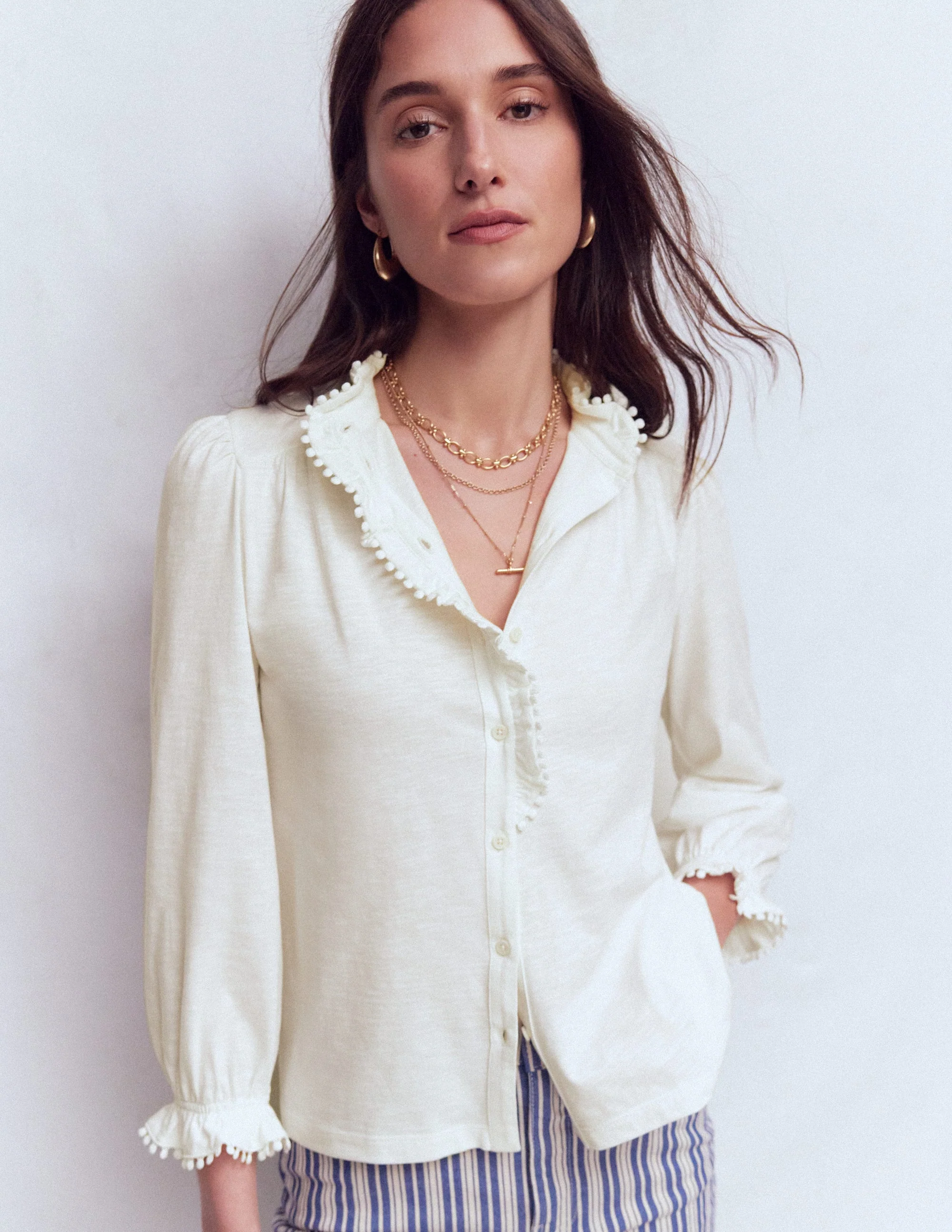 Emily Pom Detail Ruffle Shirt-Ivory - Image 4
