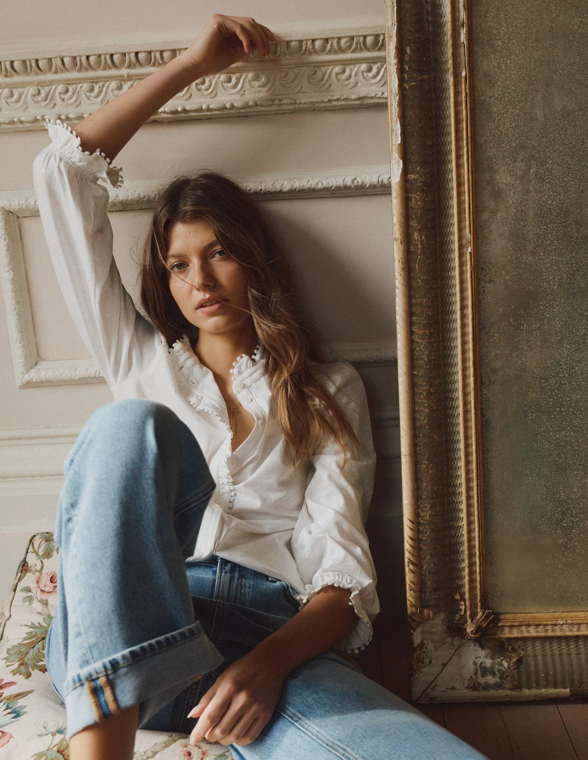 Emily Pom Detail Ruffle Shirt-Ivory - Image 5