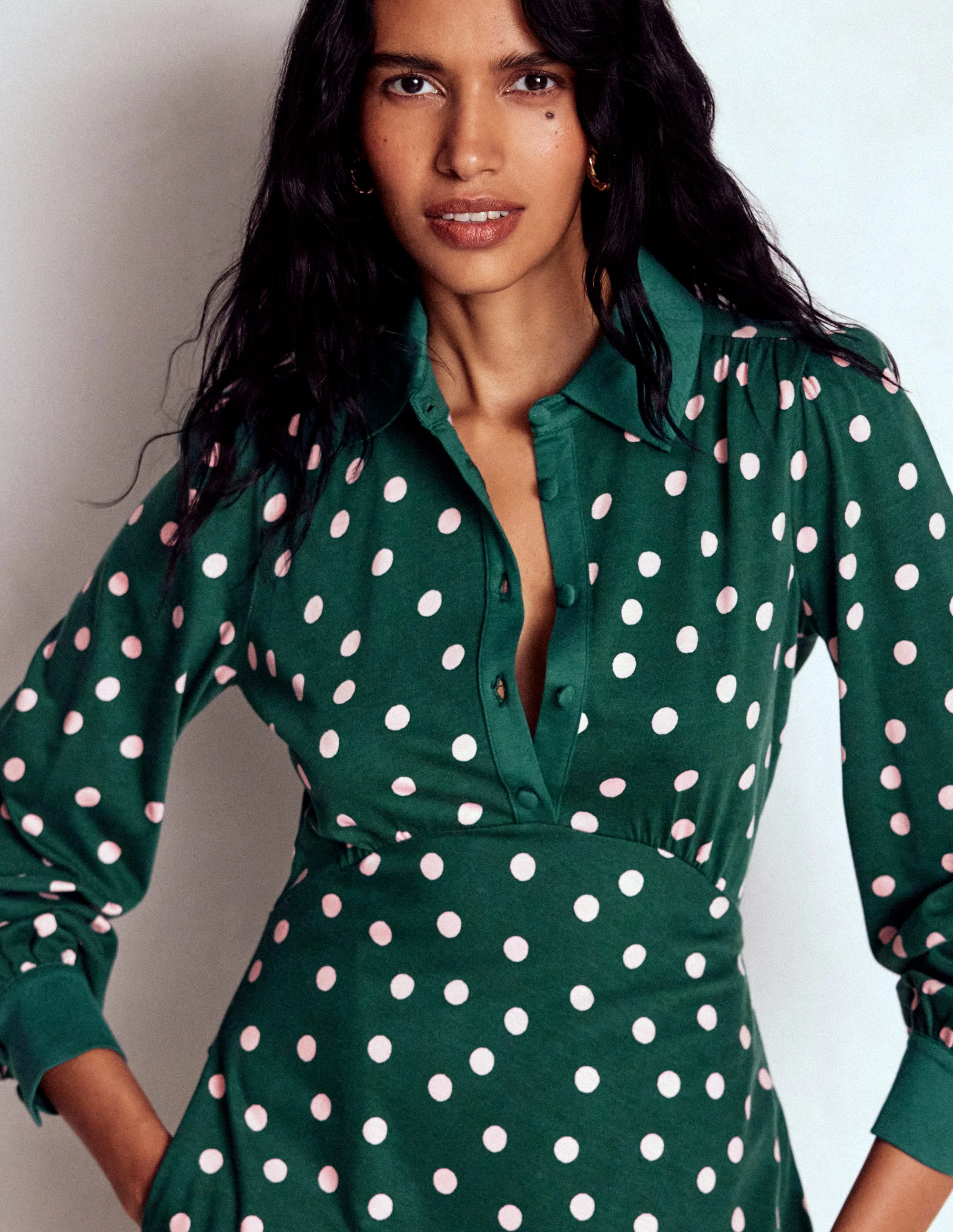 Empire Waistline Shirt Dress-Emerald Night, Painted Dot - Image 2