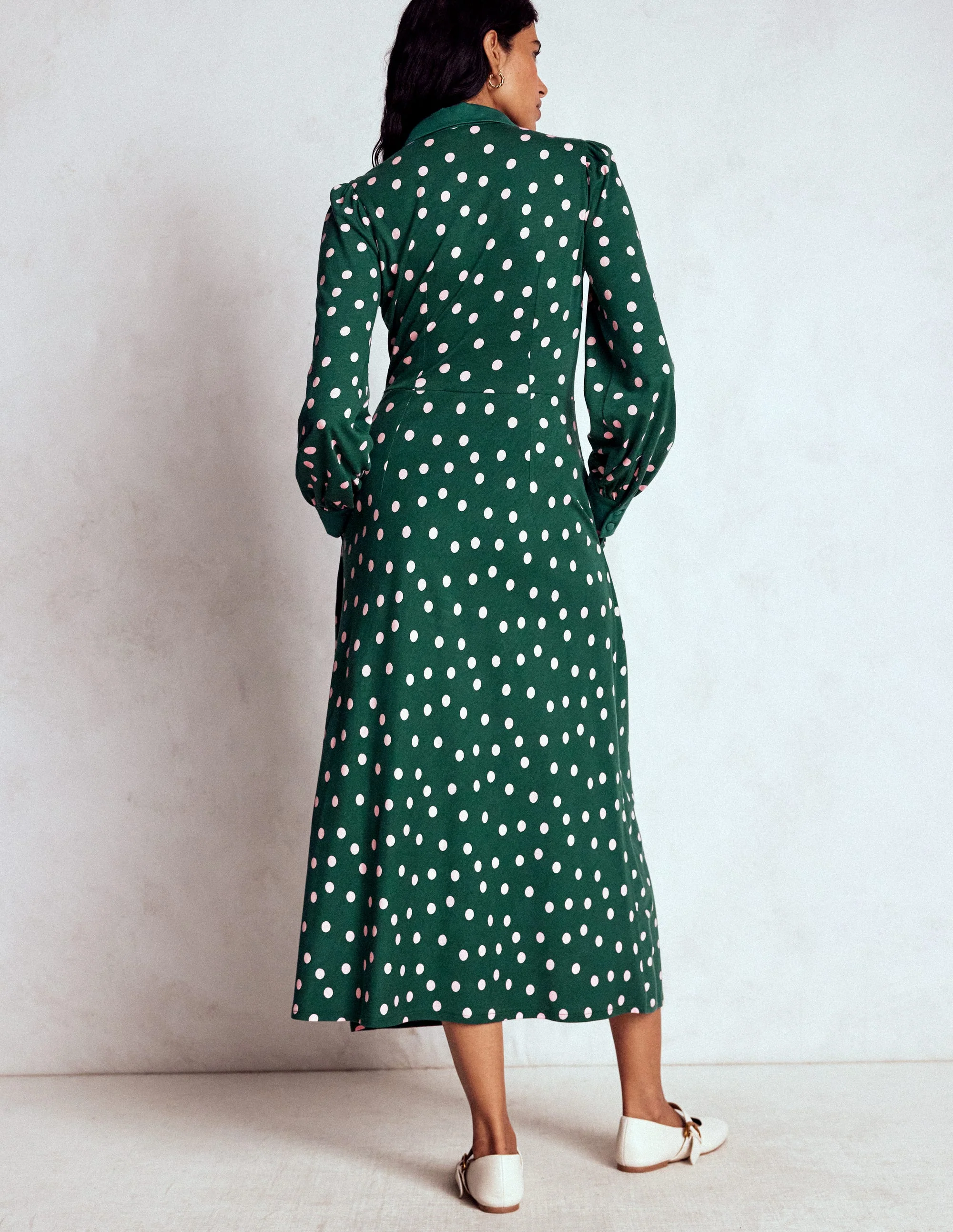 Empire Waistline Shirt Dress-Emerald Night, Painted Dot - Image 3