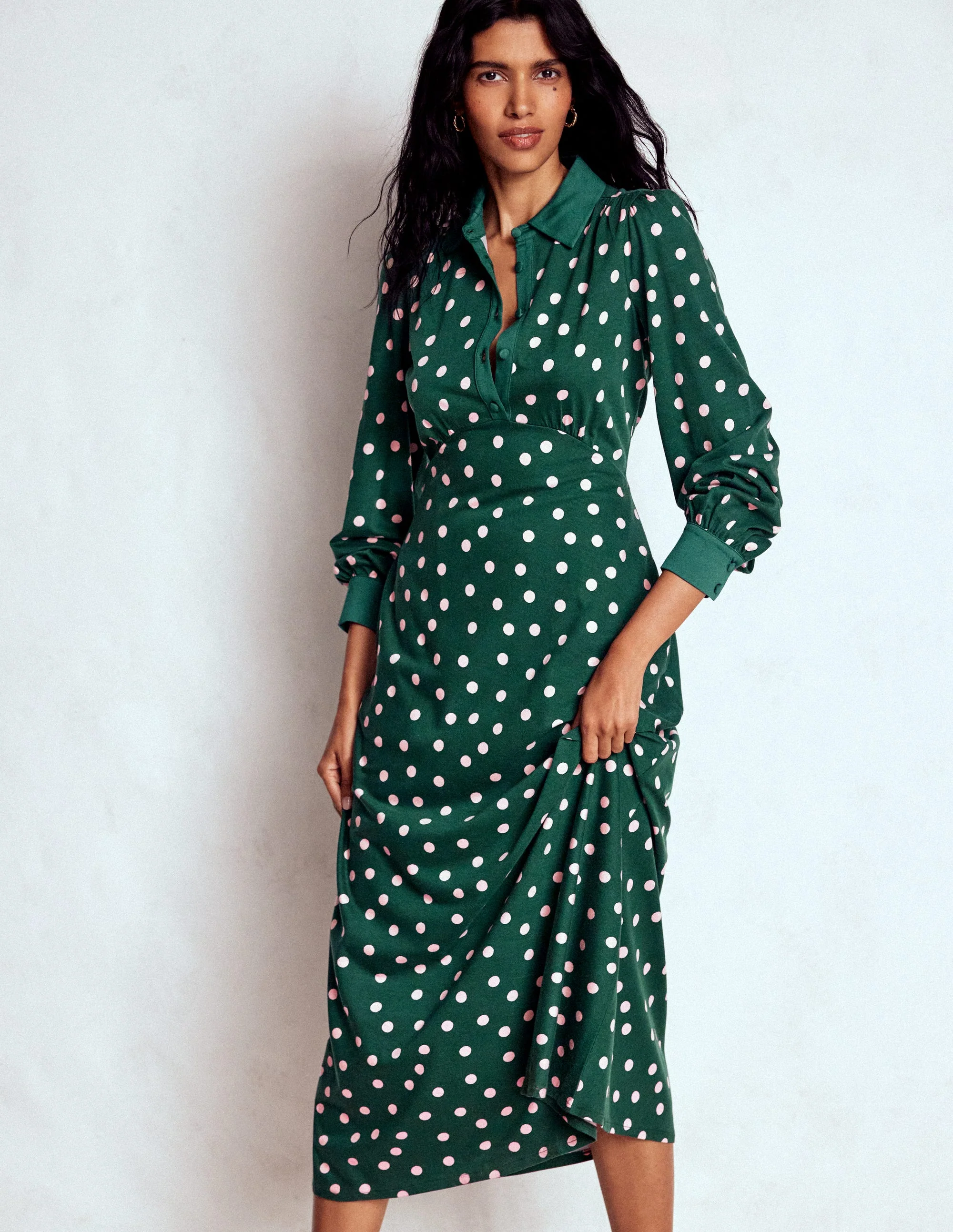 Empire Waistline Shirt Dress-Emerald Night, Painted Dot - Image 4