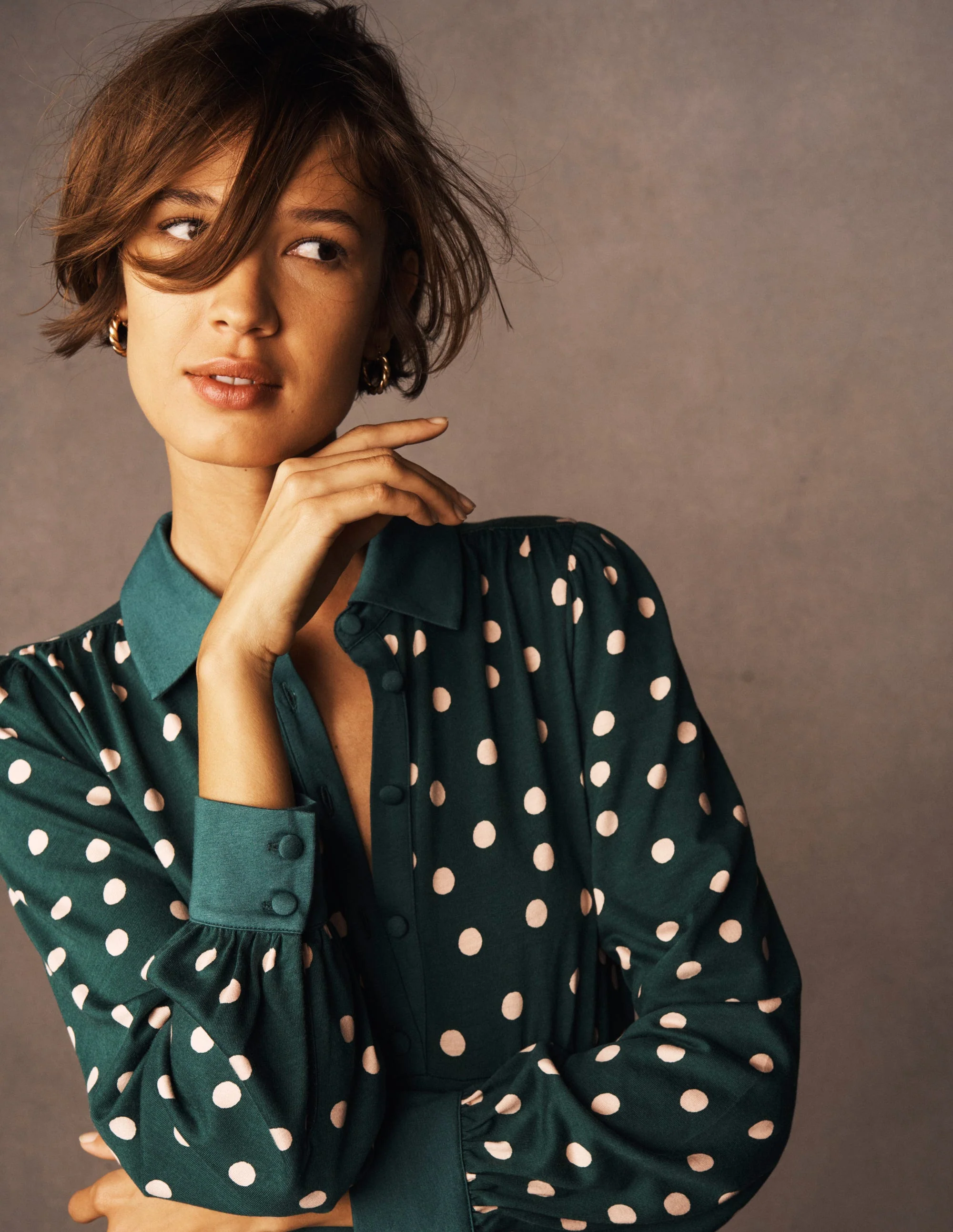 Empire Waistline Shirt Dress-Emerald Night, Painted Dot - Image 6