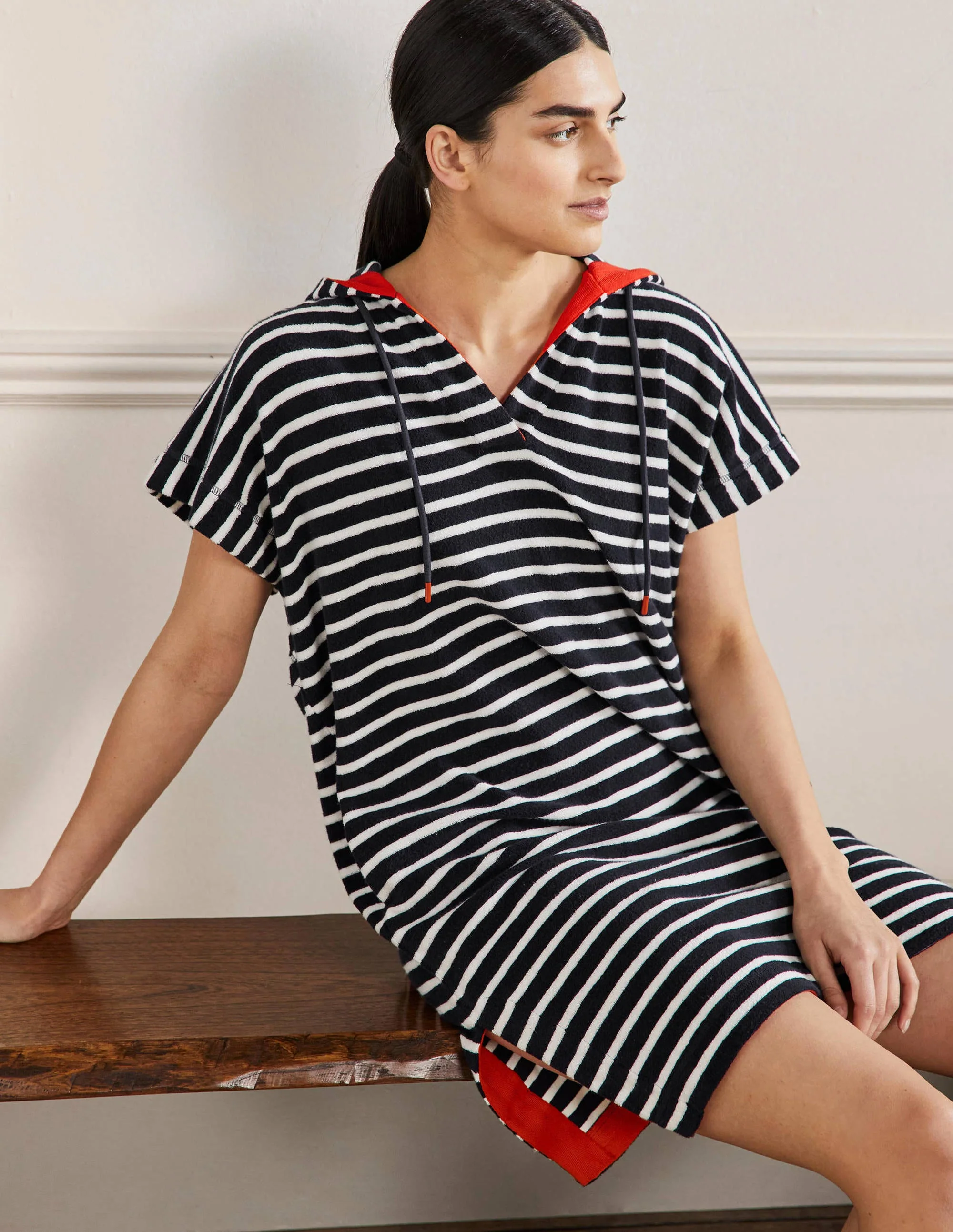 Erica Hooded Towelling Dress-French Navy and Ivory Stripe - Image 4