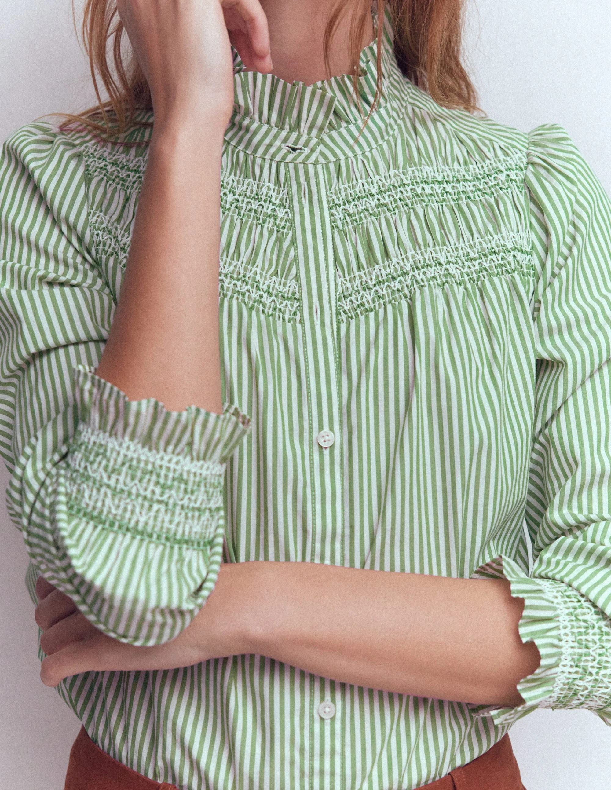 Esme Smocked Detail Frill Top-Highland Green, Ivory Stripe - Image 2