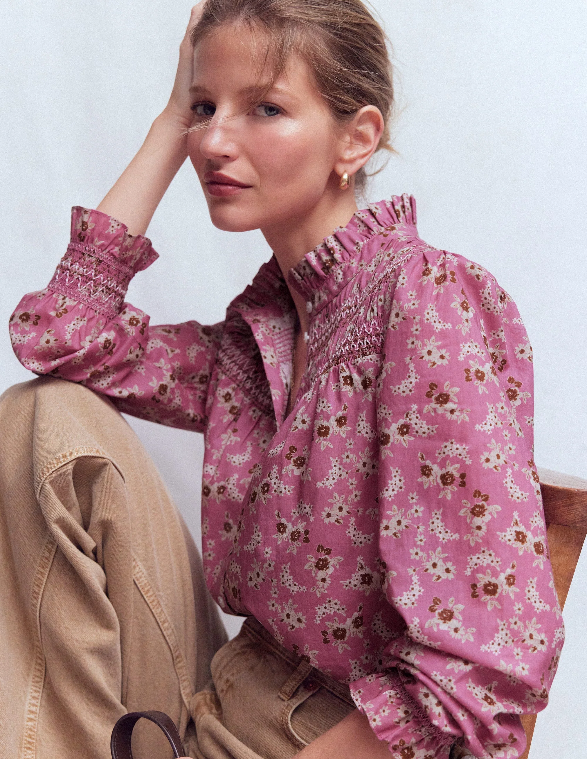 Esme Smocked Detail Frill Top-Pink, Dainty Blooms - Image 2
