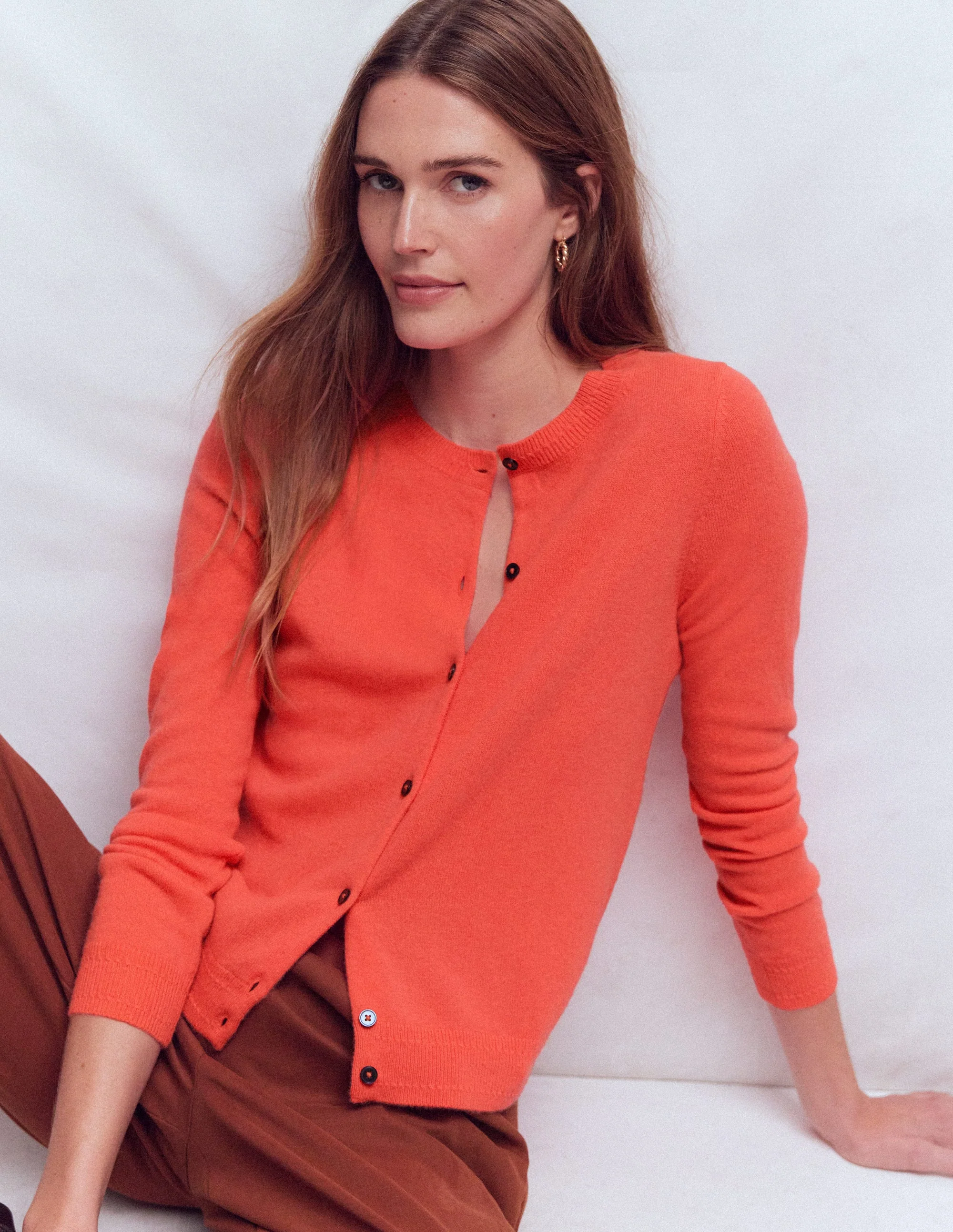 Eva Cashmere Crew Cardigan-Fiery Orange Melange