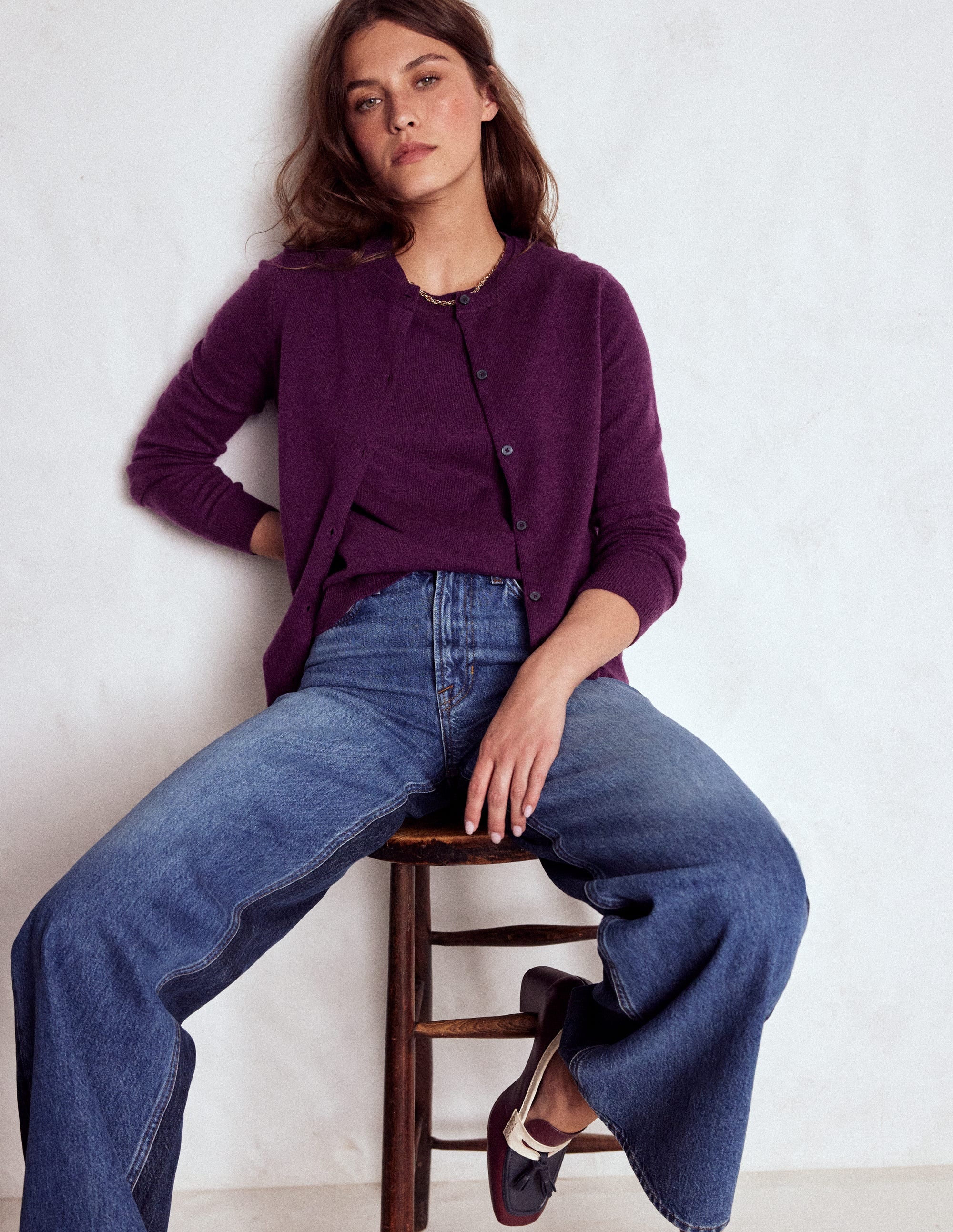 Eva Cashmere Crew Cardigan-Plum Melange - Image 4