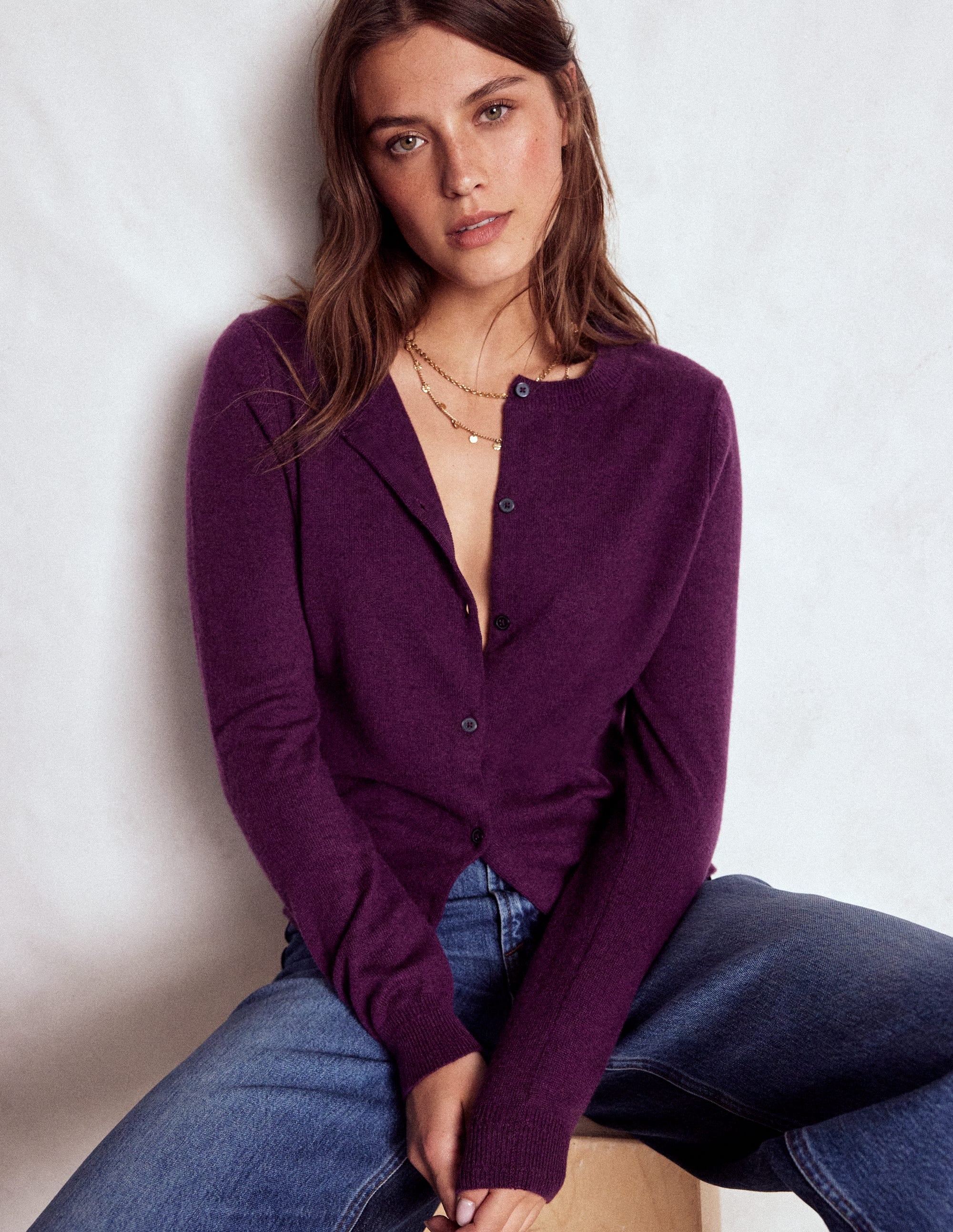 Eva Cashmere Crew Cardigan-Plum Melange - Image 5
