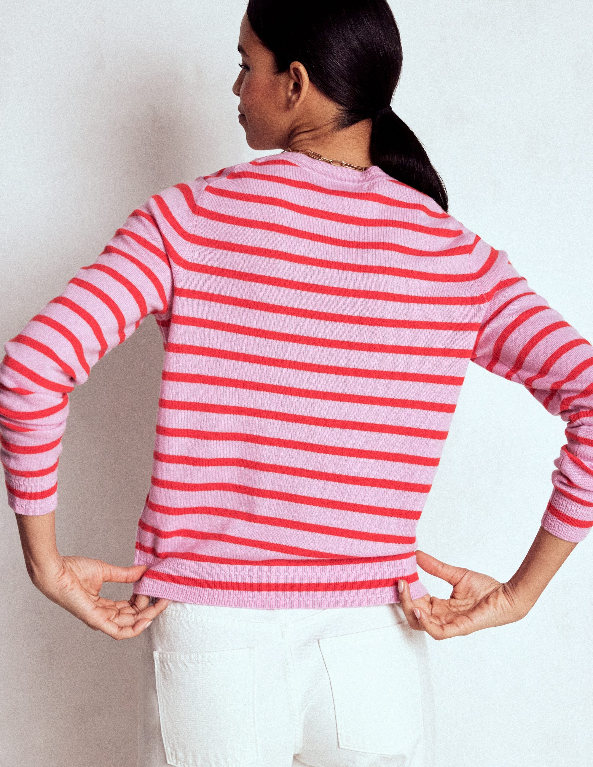 Eva Cashmere Crew Neck Jumper-Pink/ Orange Stripe - Image 3