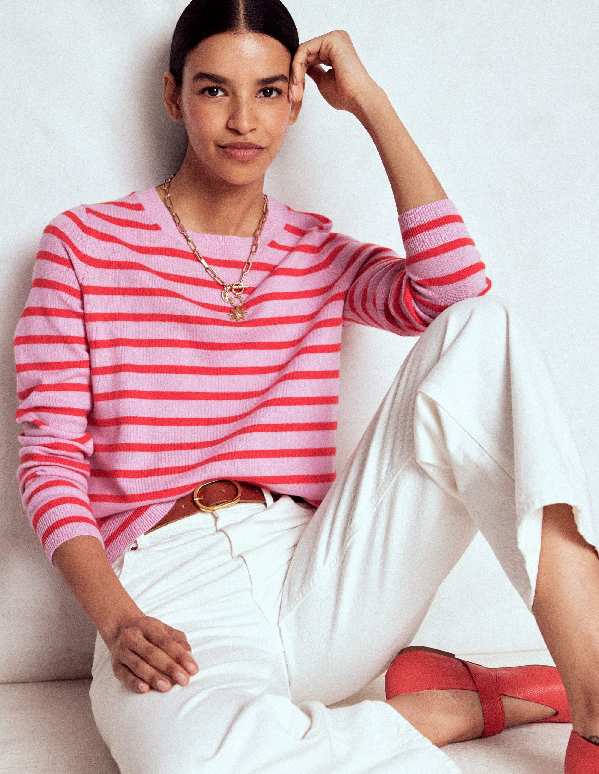 Eva Cashmere Crew Neck Jumper-Pink/ Orange Stripe - Image 4