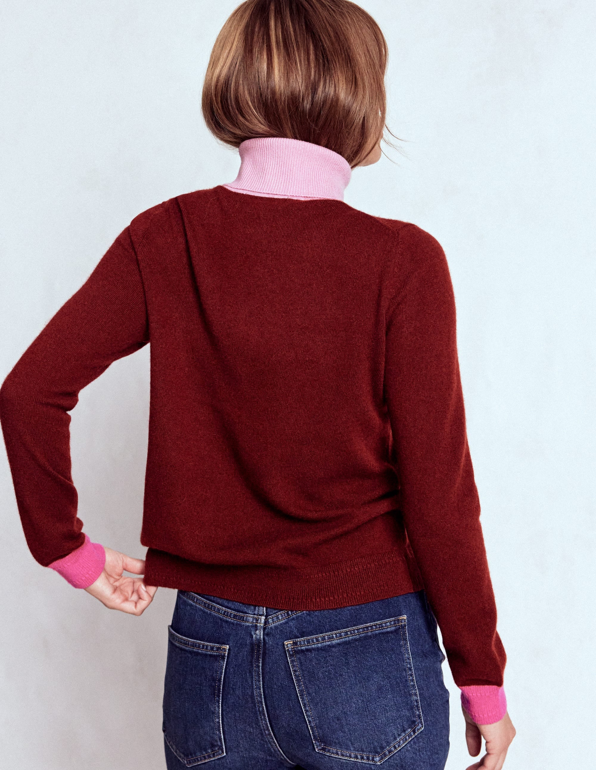 Eva Cashmere Roll Neck Jumper-Chestnut, Colour Block - Image 3
