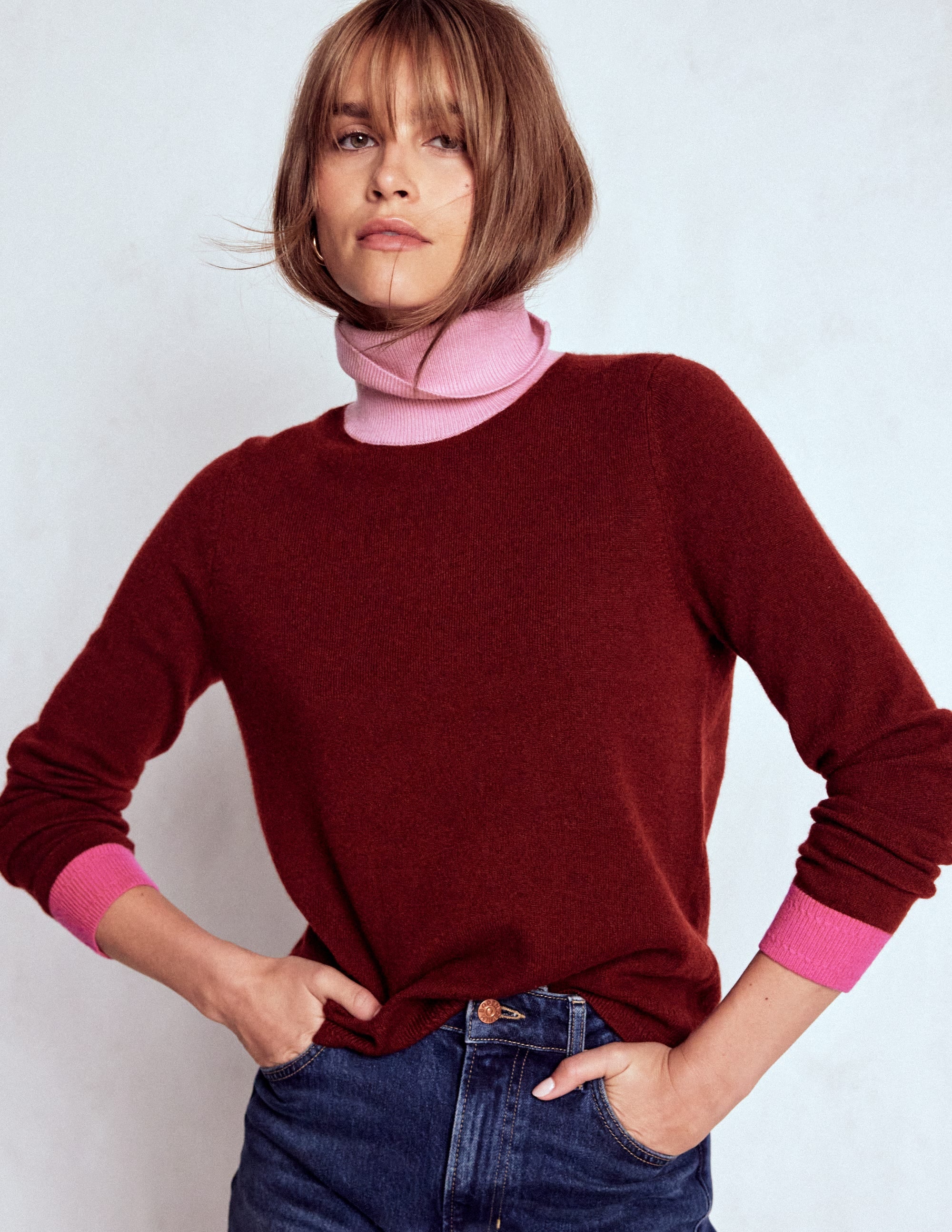 Eva Cashmere Roll Neck Jumper-Chestnut, Colour Block - Image 4