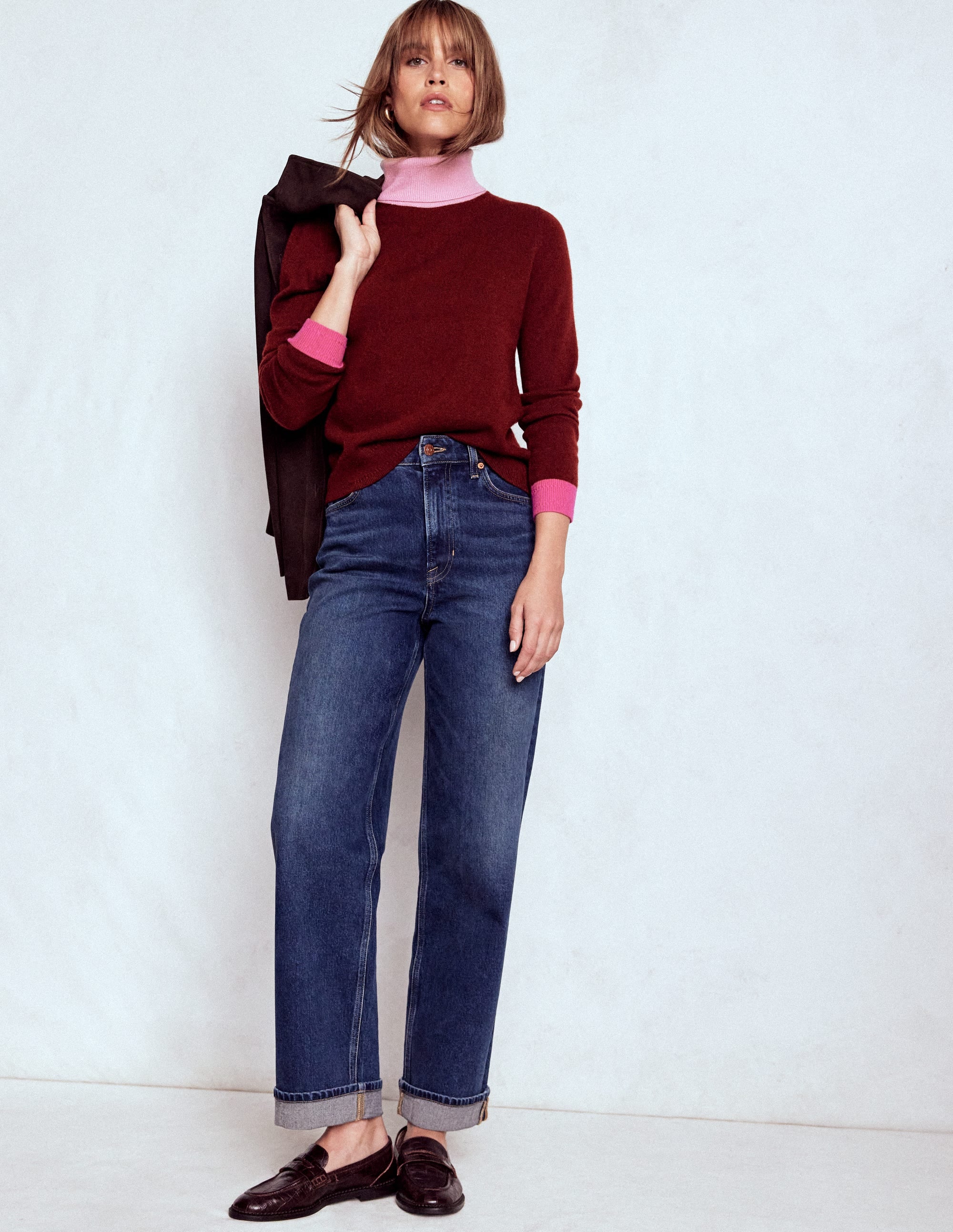 Eva Cashmere Roll Neck Jumper-Chestnut, Colour Block - Image 5