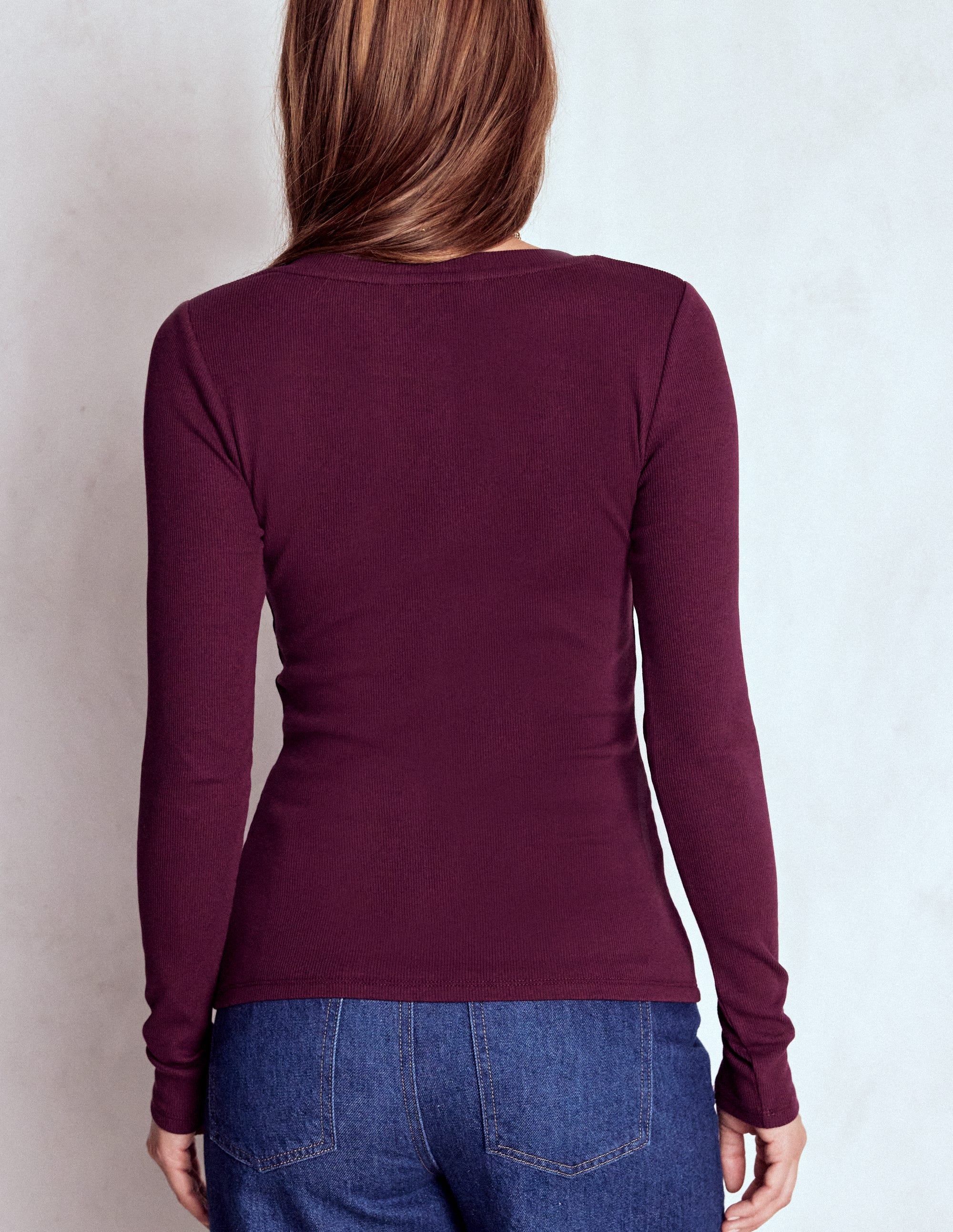 Evie Button Through Ribbed Top-Bordeaux - Image 3