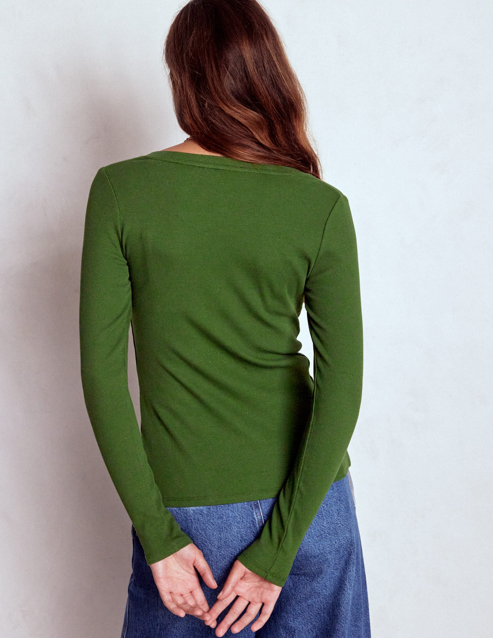 Evie Button Through Ribbed Top-Green Fir - Image 3