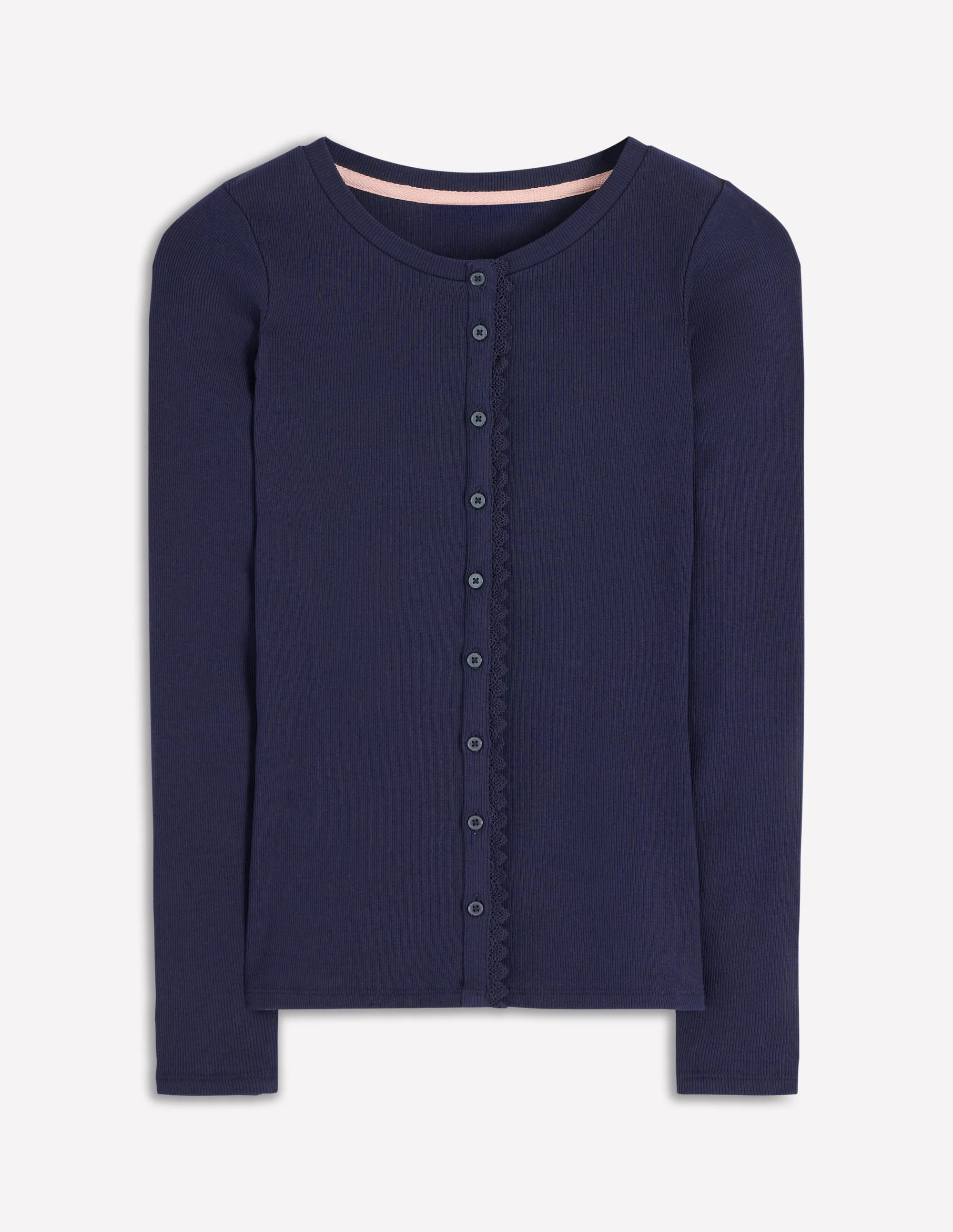 Evie Button Through Ribbed Top-Navy - Image 5