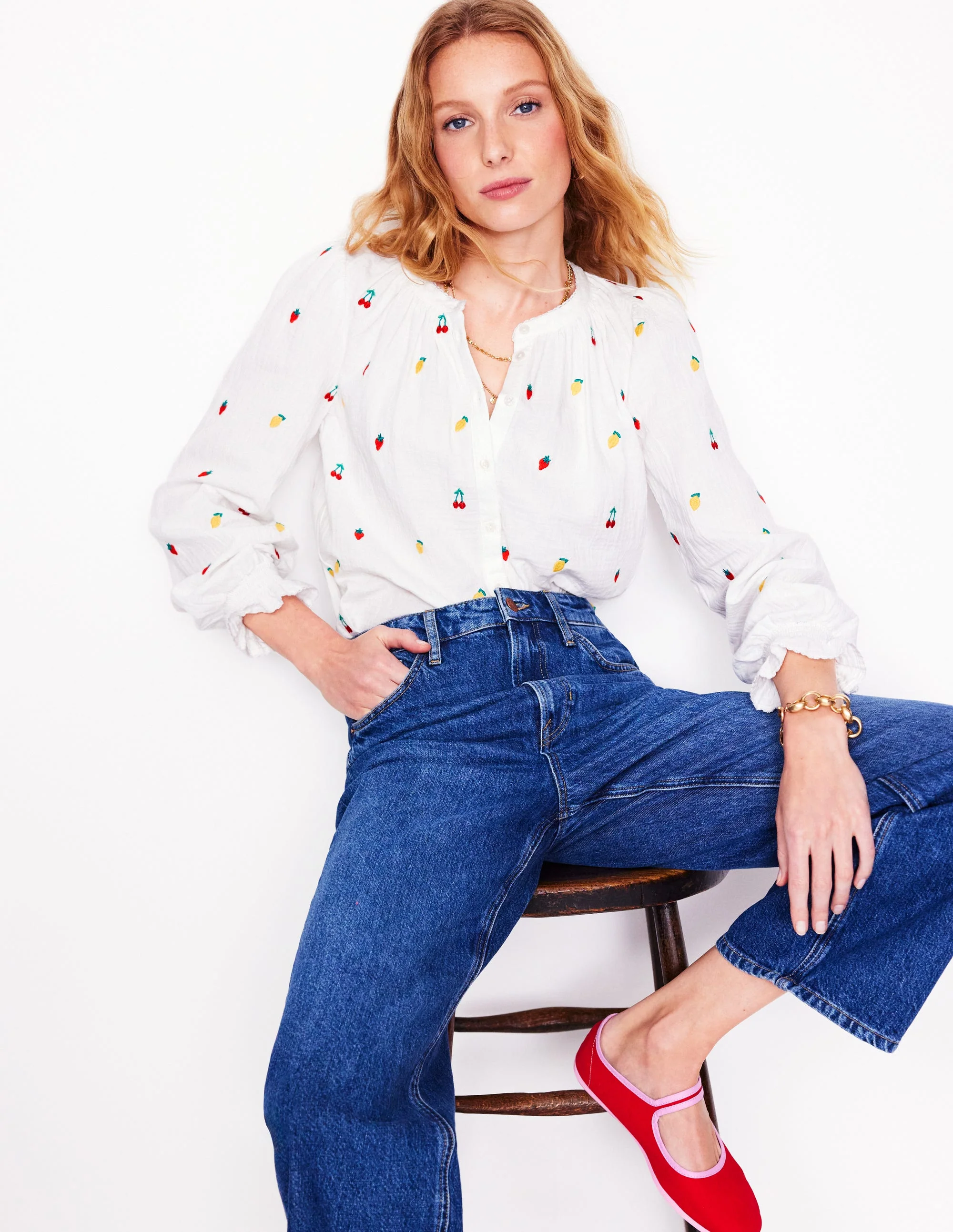 Evie Double Cloth Top-White, Embroidered Fruit - Image 2