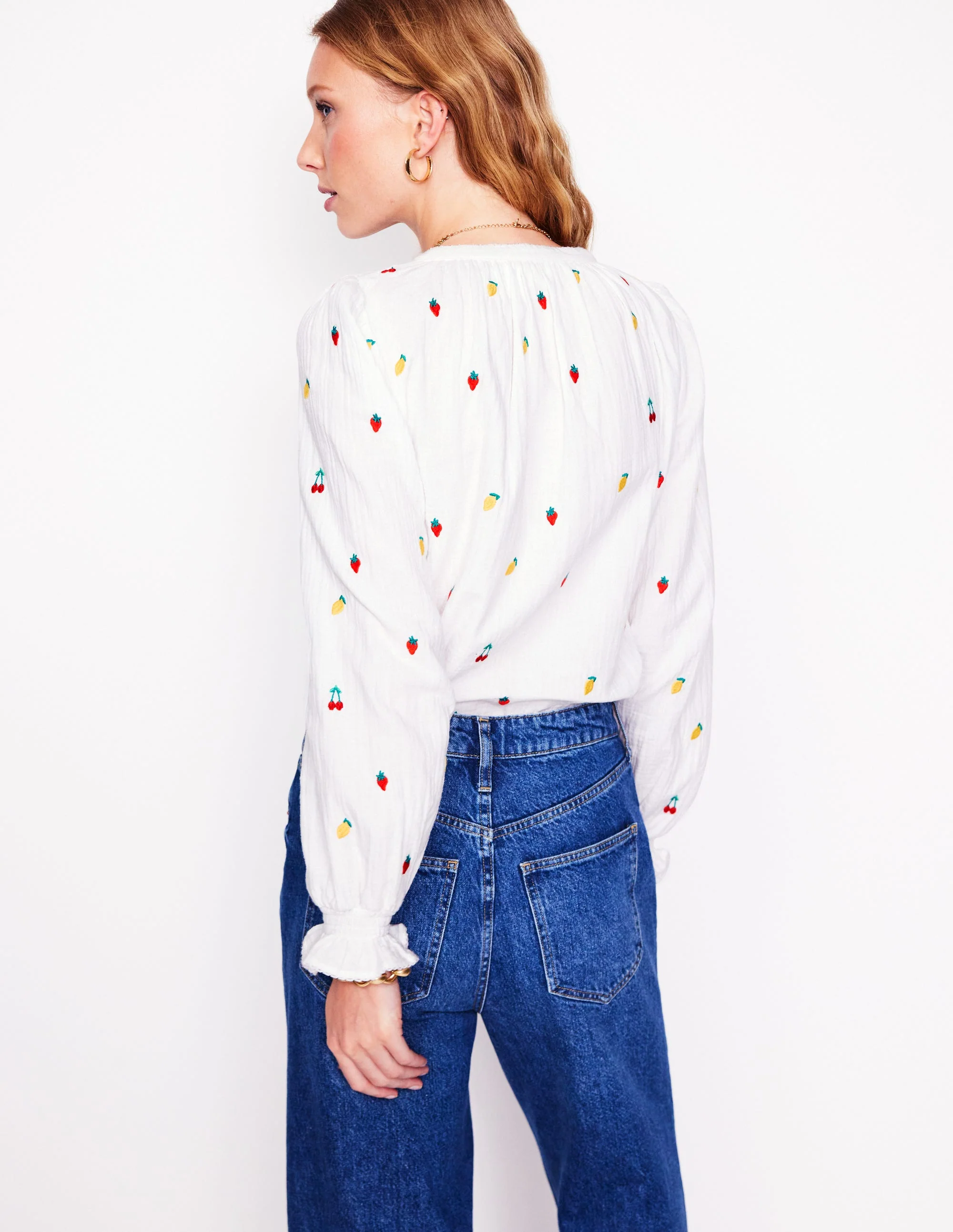 Evie Double Cloth Top-White, Embroidered Fruit - Image 4