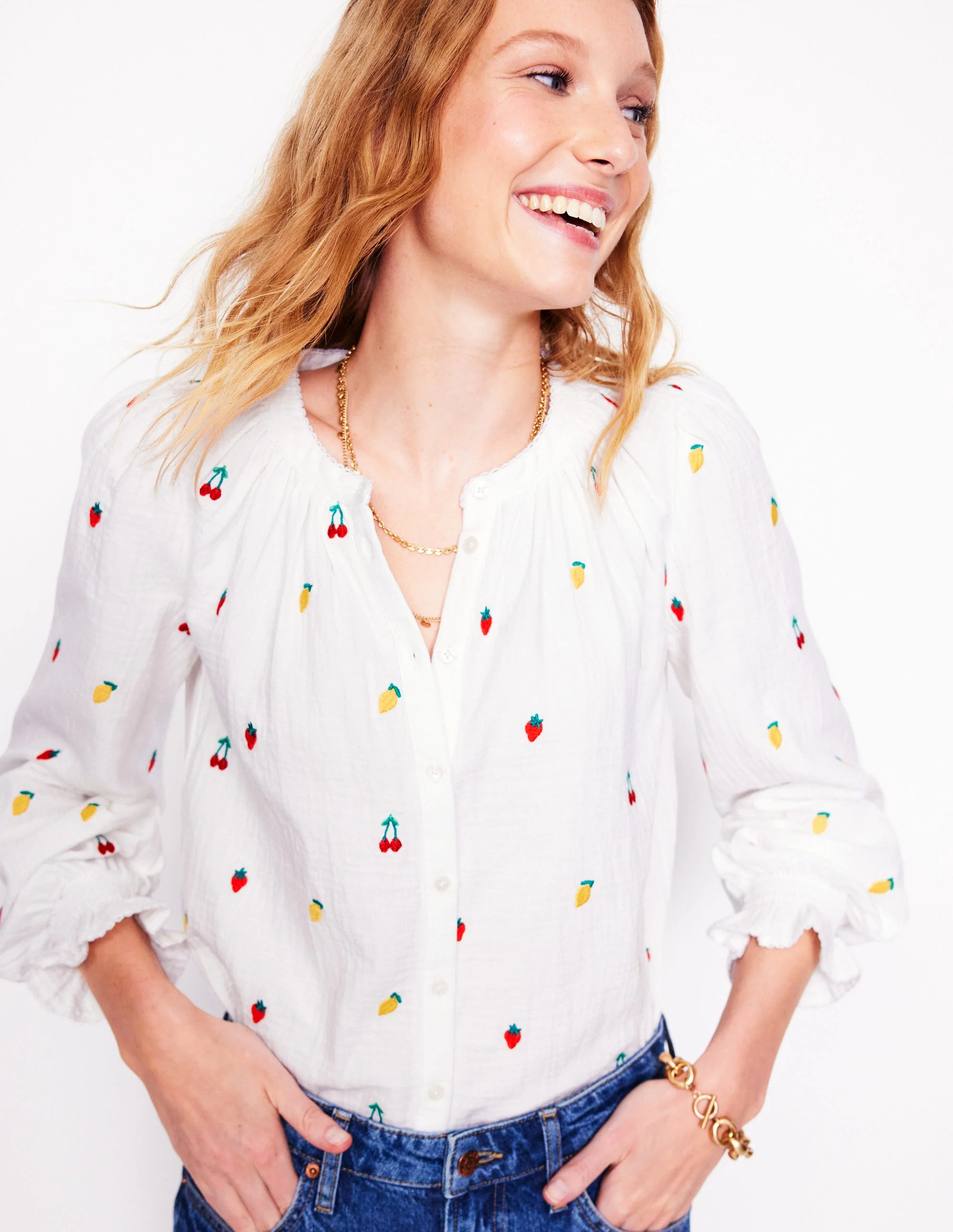 Evie Double Cloth Top-White, Embroidered Fruit - Image 5