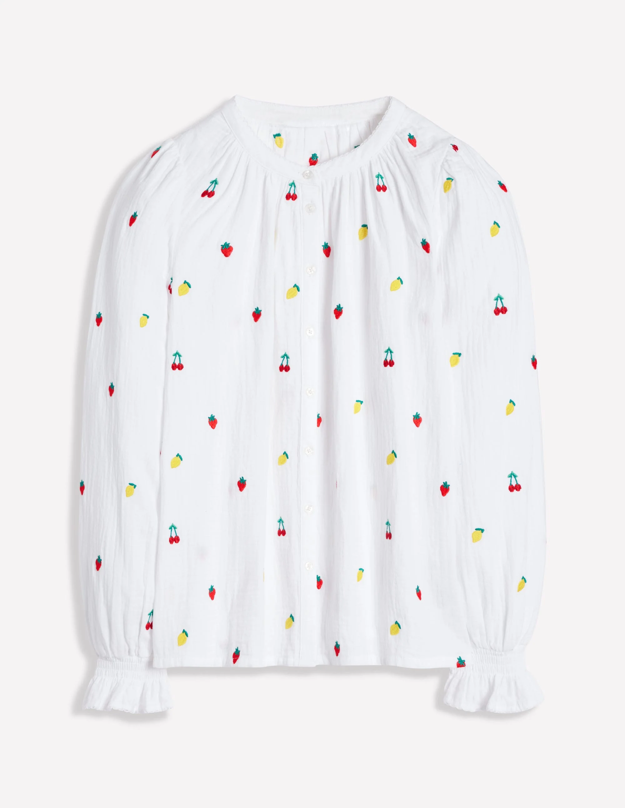 Evie Double Cloth Top-White, Embroidered Fruit - Image 6