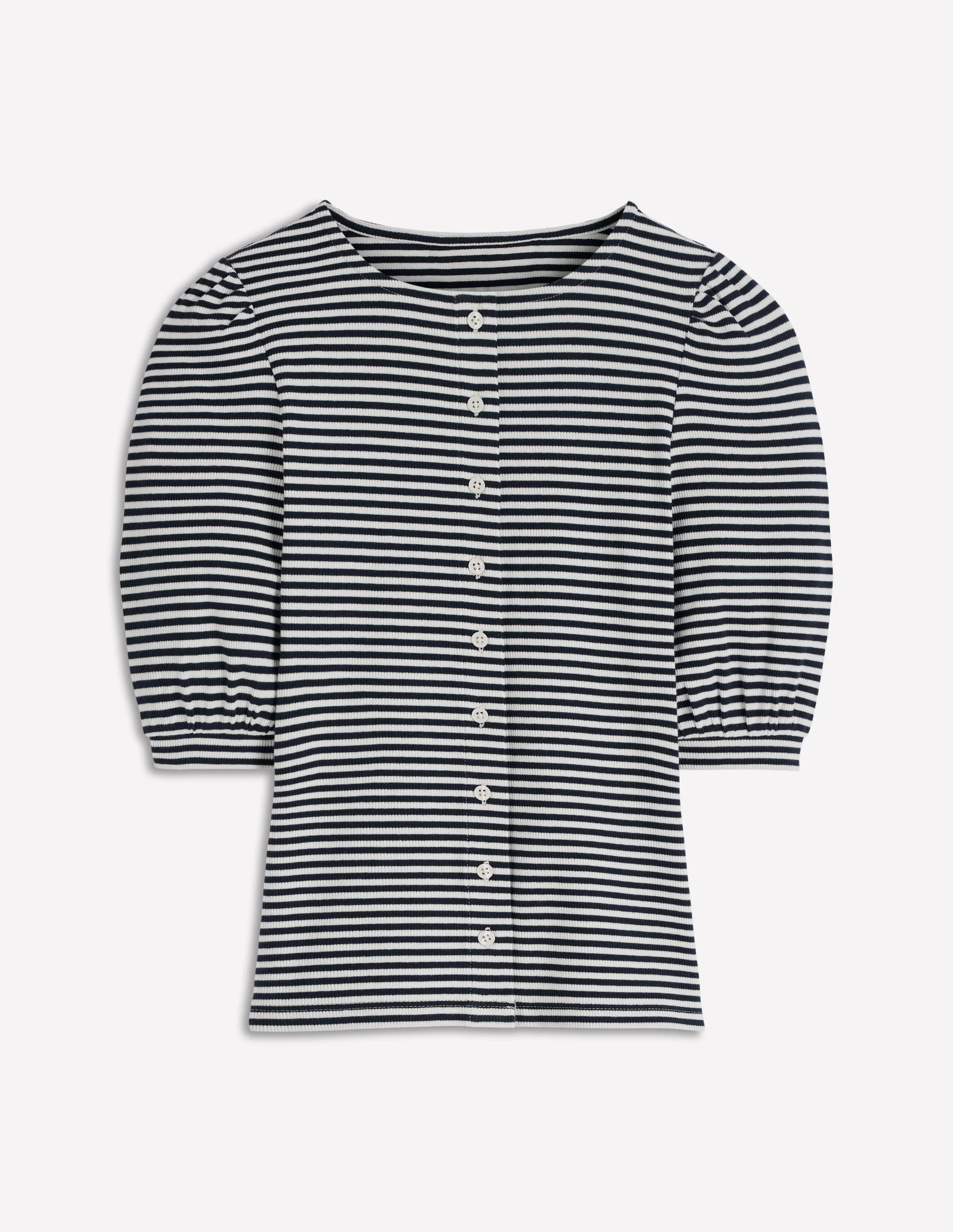 Evie Ribbed Puff Sleeve Top-Ivory, Navy Stripe - Image 4