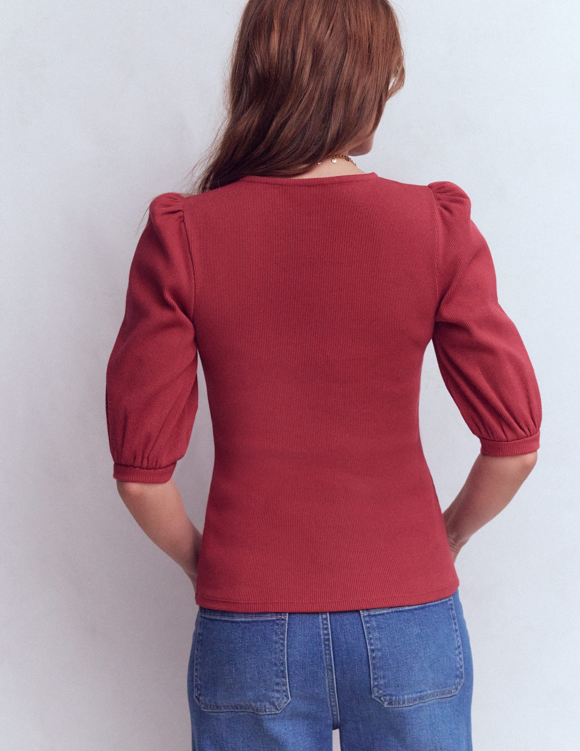 Evie Ribbed Puff Sleeve Top-Terracotta Red - Image 3