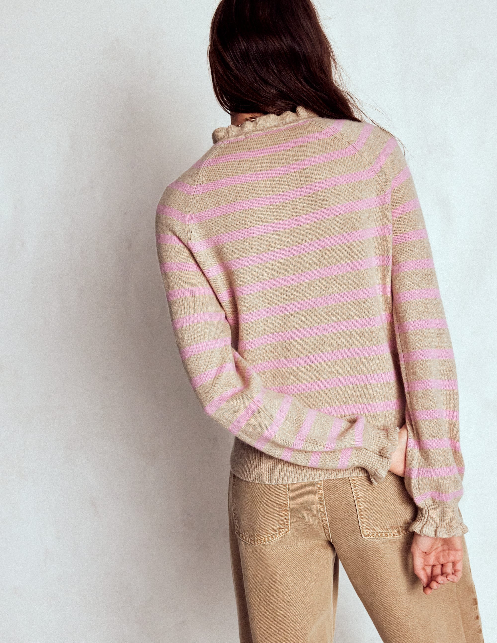 Fae Fair Isle Frilled Jumper-Camel, Pink Stripe - Image 3