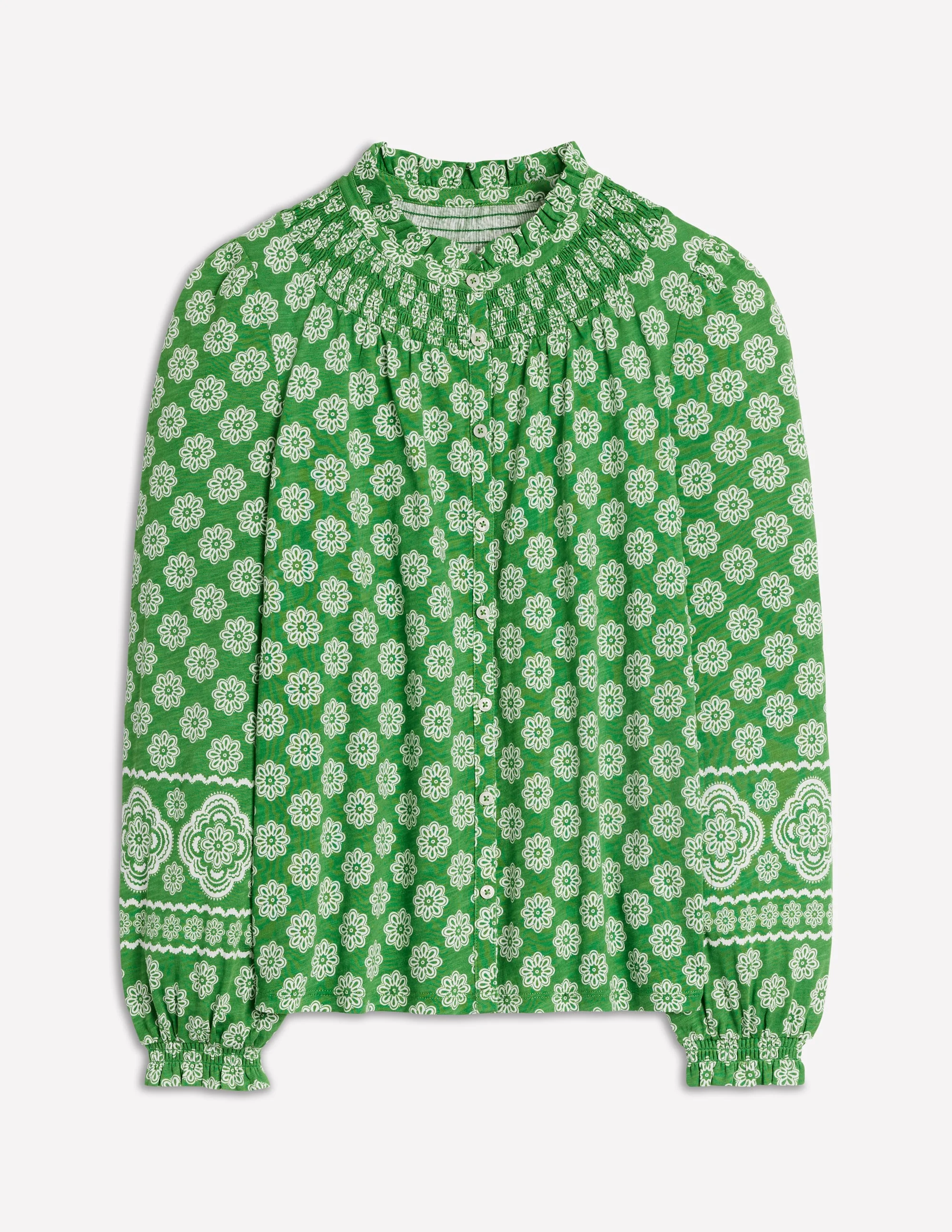 Fay Smocked Jersey Shirt-Paradise Green, Botanic Blush - Image 5