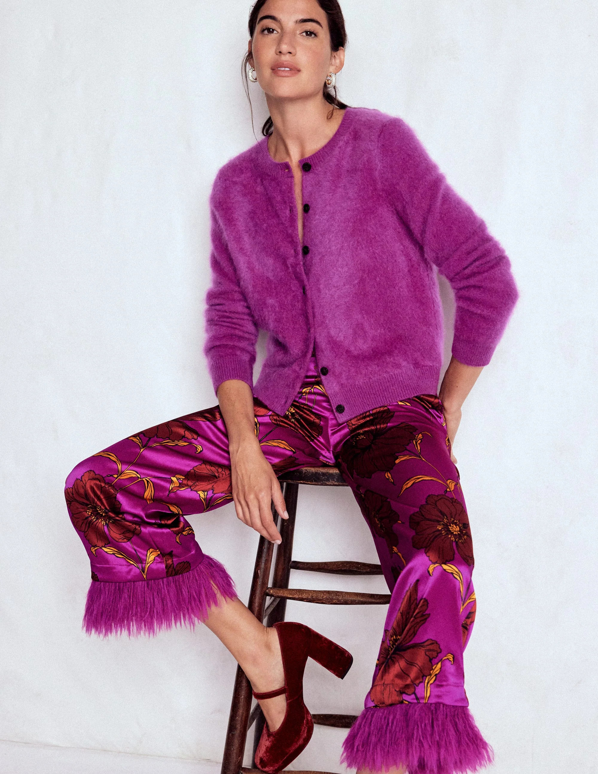 Feather Trim Trousers-Regal Purple, Peony Bloom - Image 6