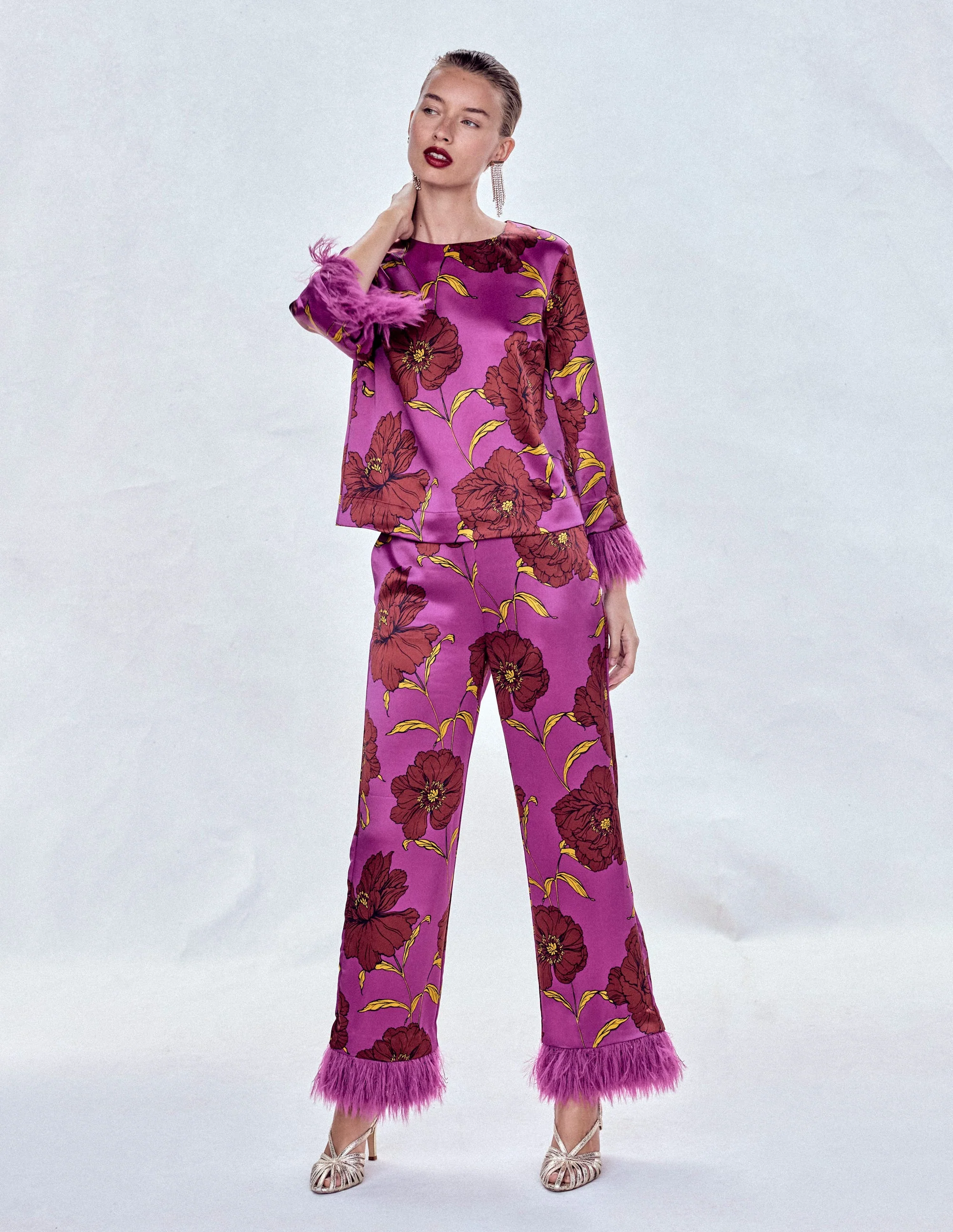Feather Trim Trousers-Regal Purple, Peony Bloom - Image 7