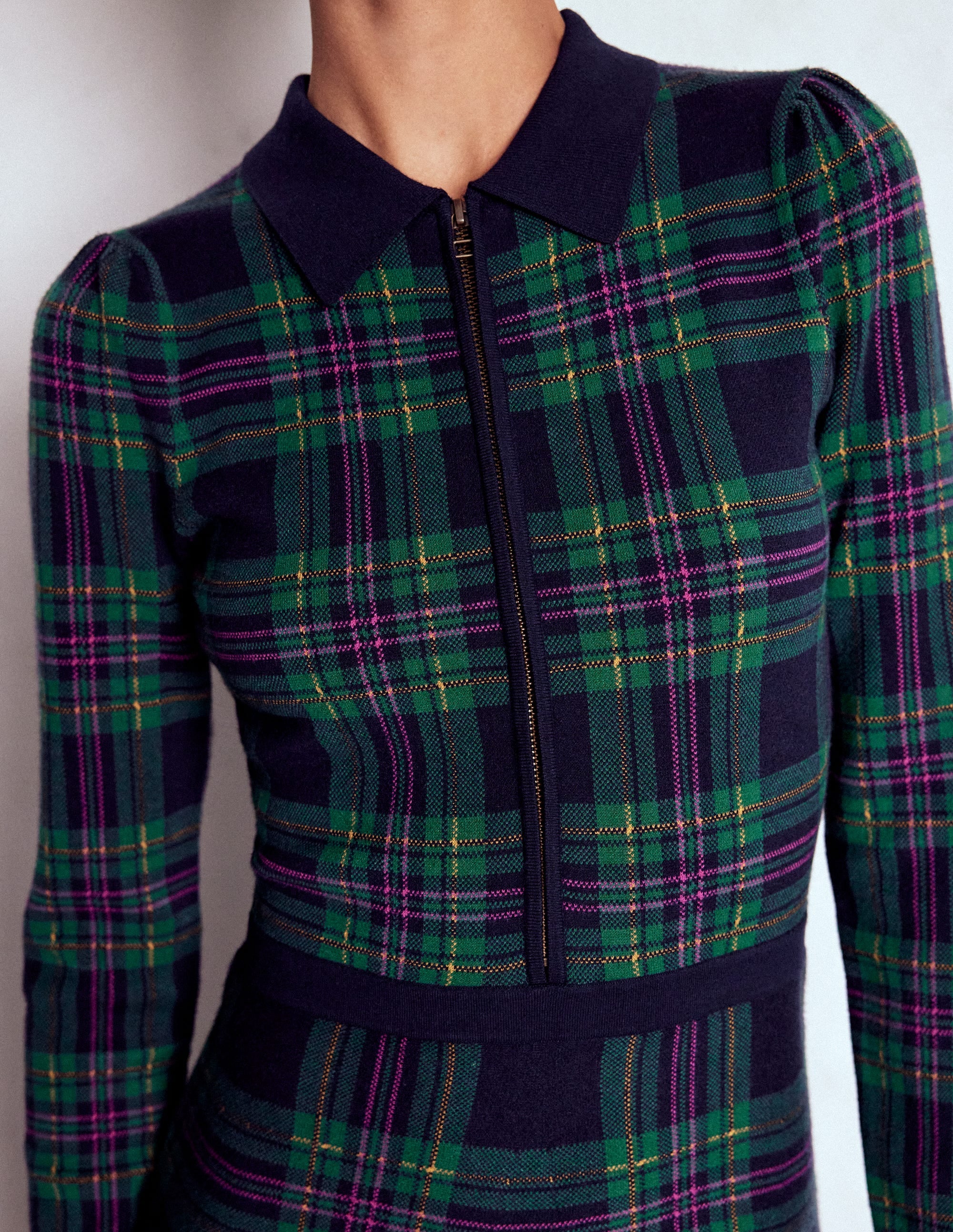 Fiona Zip Front Knitted Dress-Green Check - Image 2