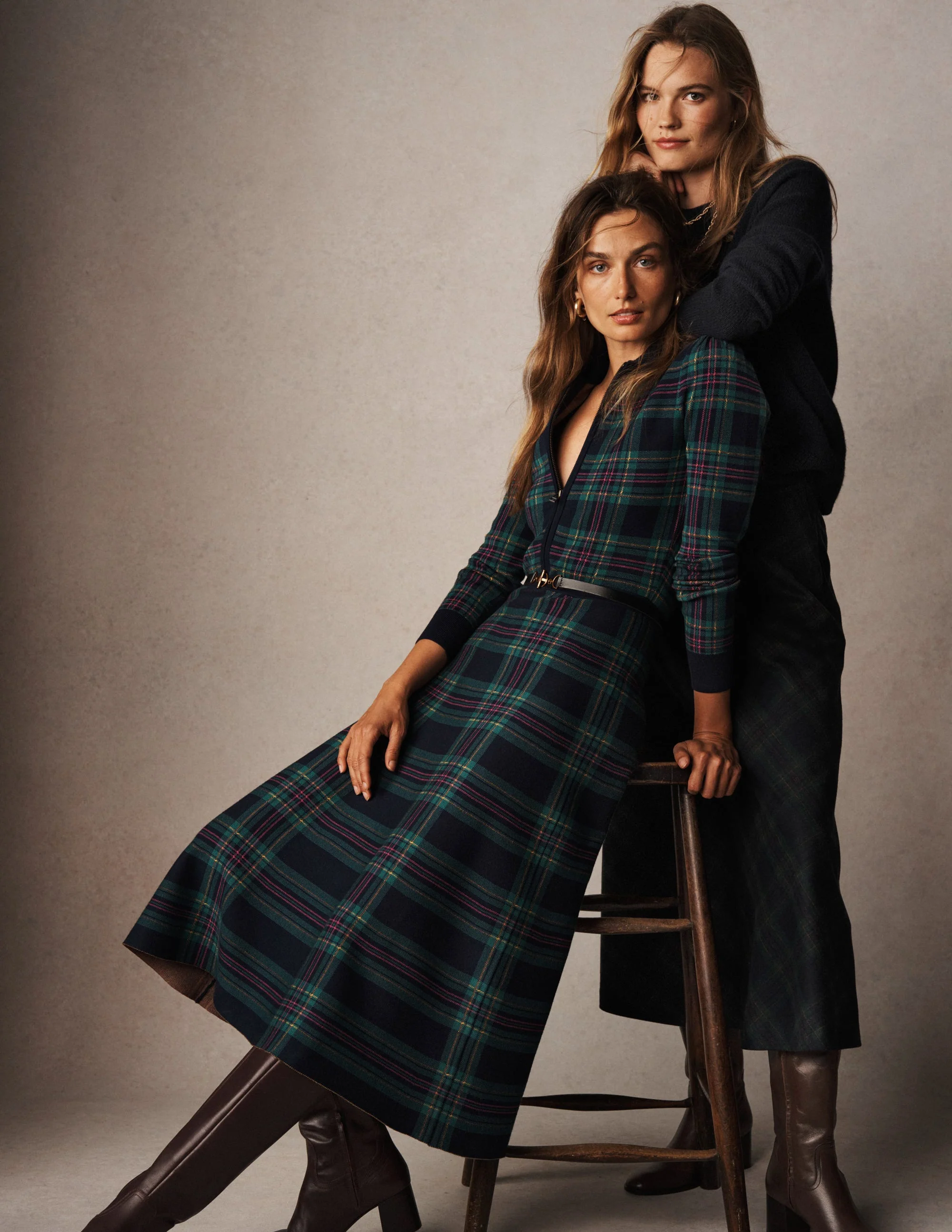 Fiona Zip Front Knitted Dress-Green Check - Image 6