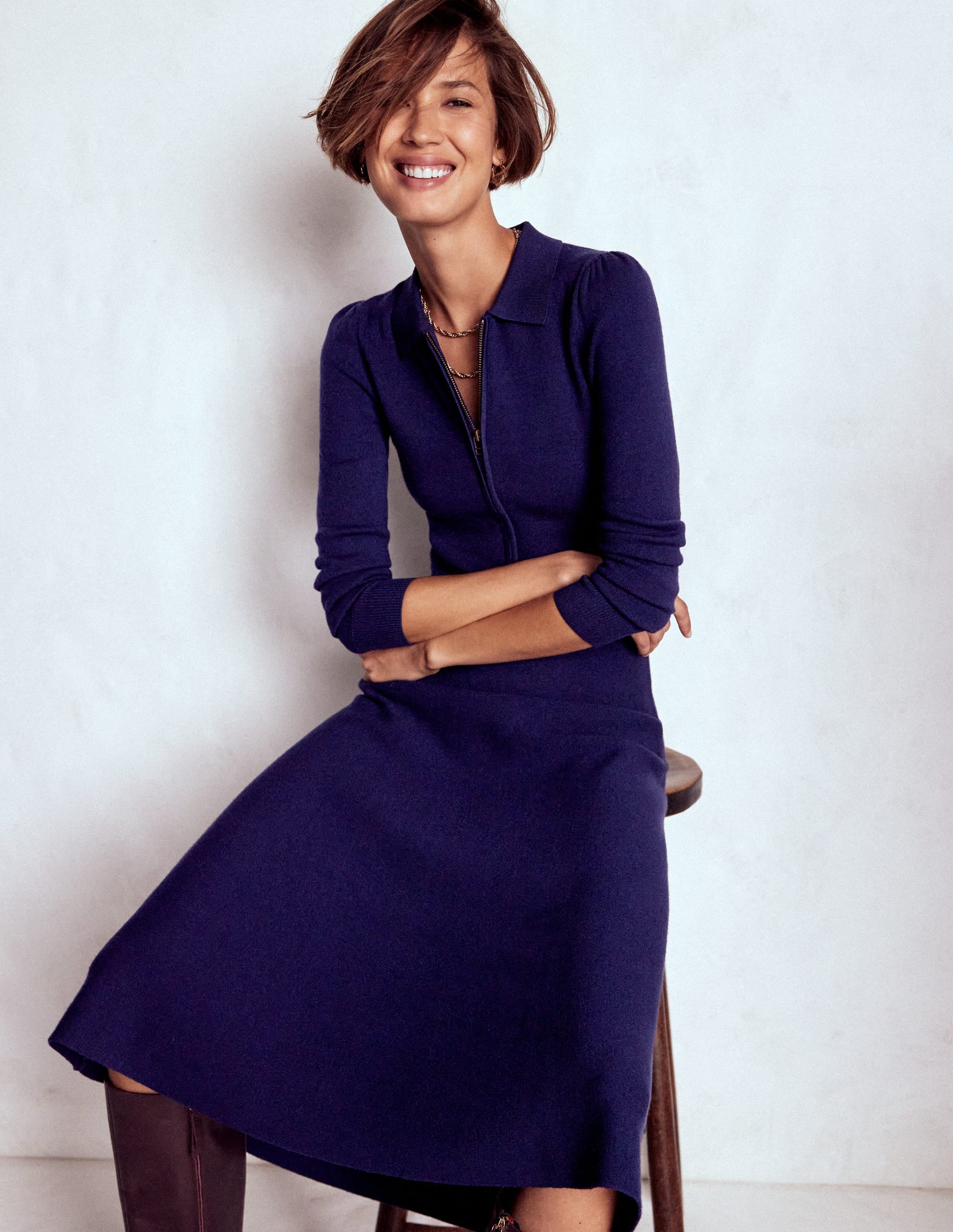 Fiona Zip Front Knitted Dress-Navy - Image 2