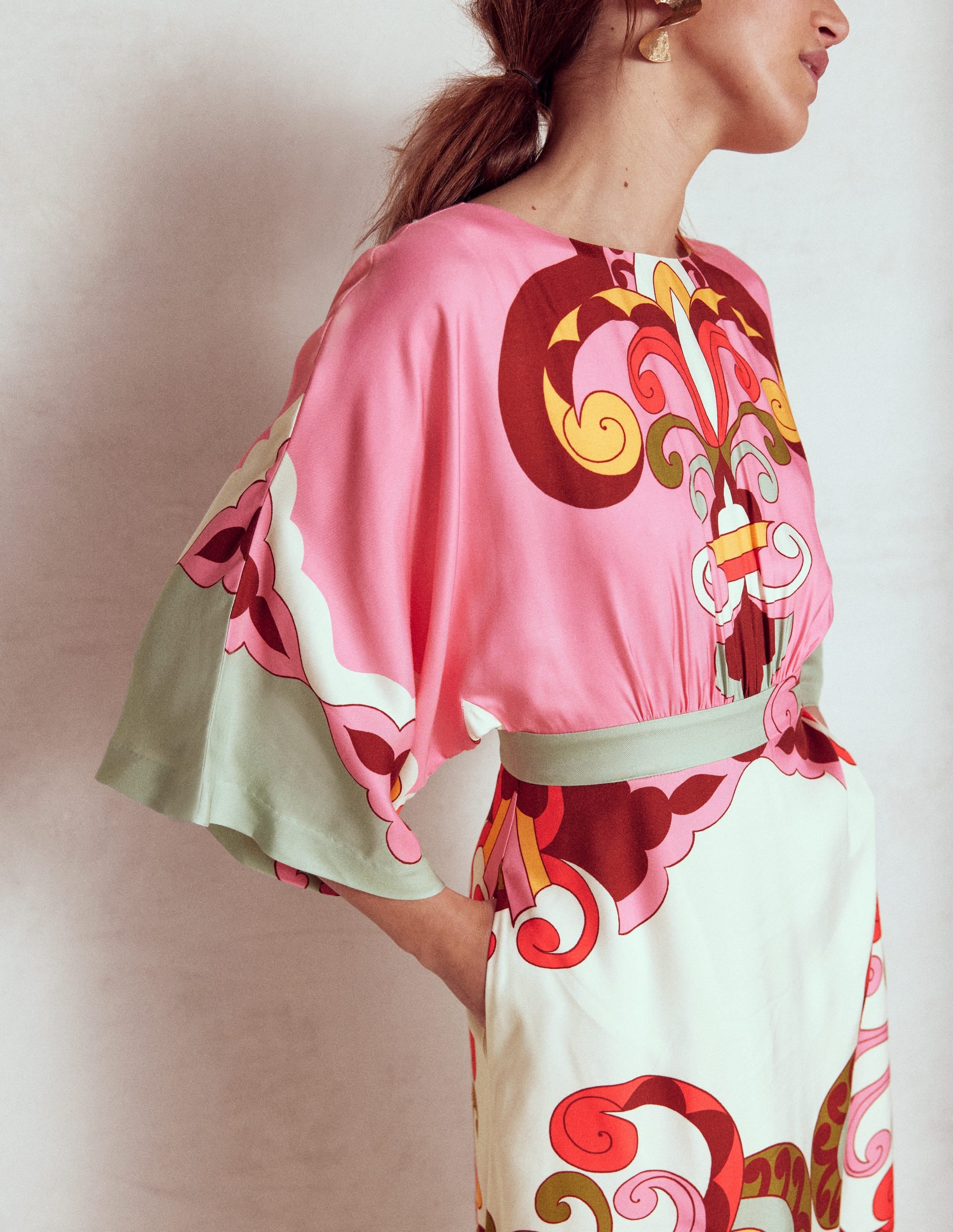 Flute Sleeve Midi Dress-Pink Rose, Ornate Reflection - Image 4